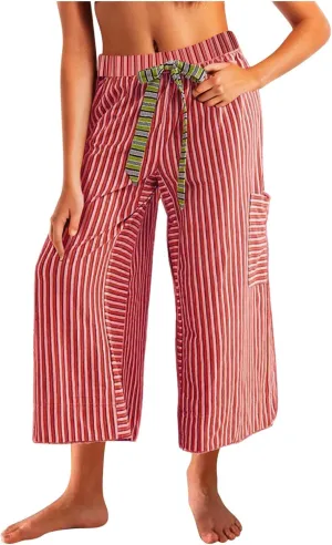 HGps8w Striped Wide Leg Pants for Women Capris - Casual Elastic Waist Versatile Business Work Lounge Pants with Pockets