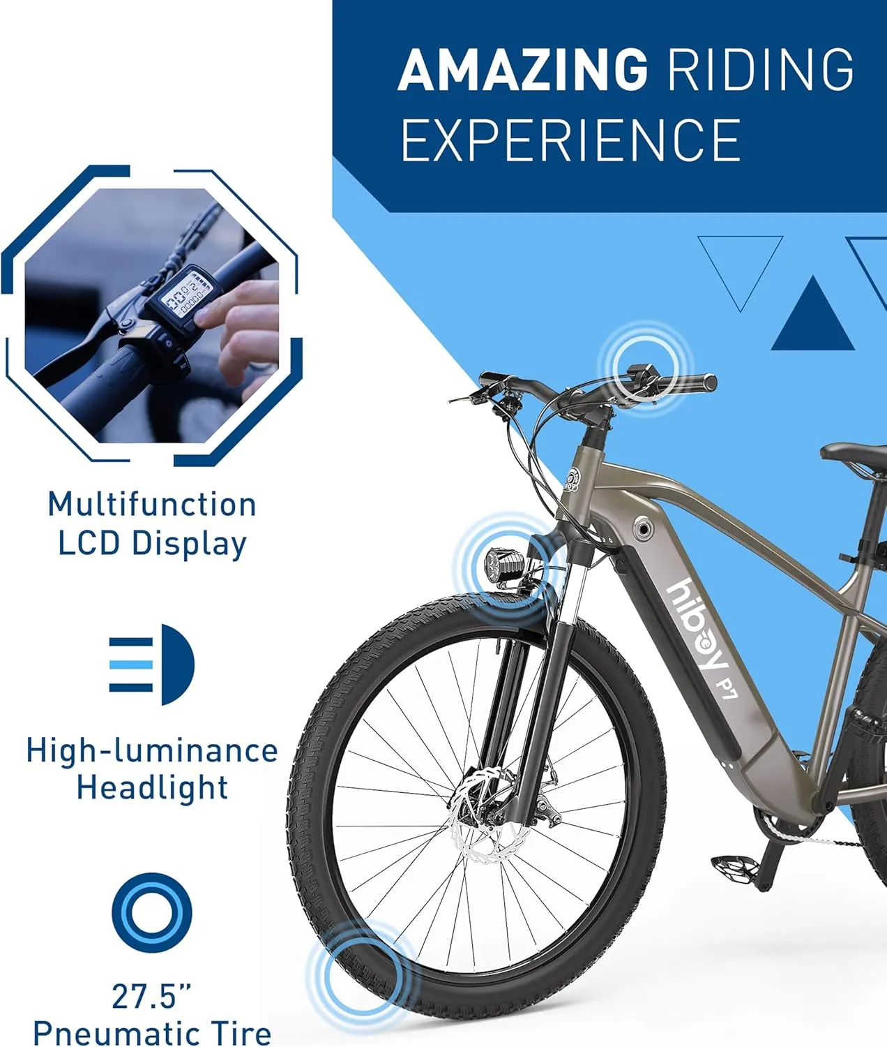 Hiboy P7 Electric Bike for Adults with 800W Peak Motor, 25mph Max Speed, 696 WH Removable Battery Ebike, 27.5" Electric Mountain Bike with 7-Speed and Front Suspension