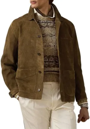 HIDE & SEEK Men's Vintage Shirt Collar Classic Button-Up Design Casual Long-Sleeve Suede Leather Jacket