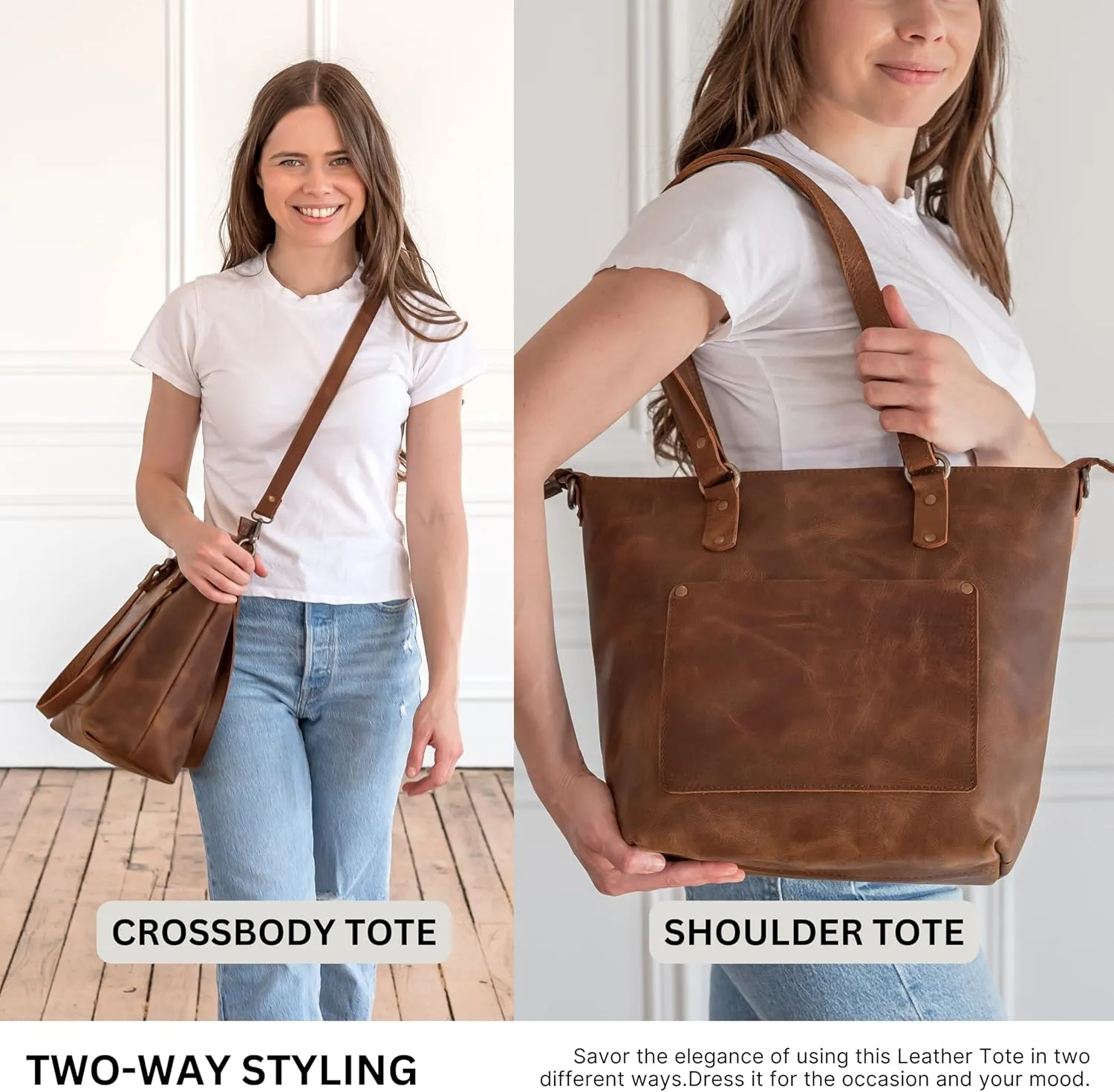 HIDES Crossbody Leather Tote Bag, Handcrafted Travel Companion Premium Full-Grain Leather Zipper Compartment Removable Strap