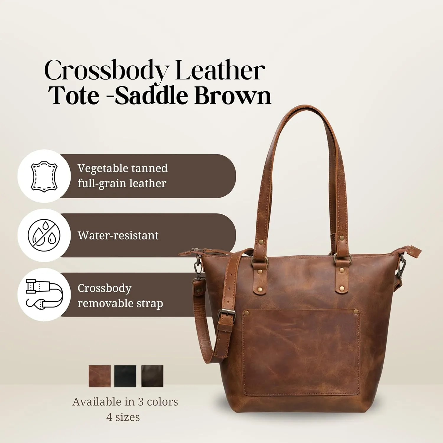 HIDES Crossbody Leather Tote Bag, Handcrafted Travel Companion Premium Full-Grain Leather Zipper Compartment Removable Strap