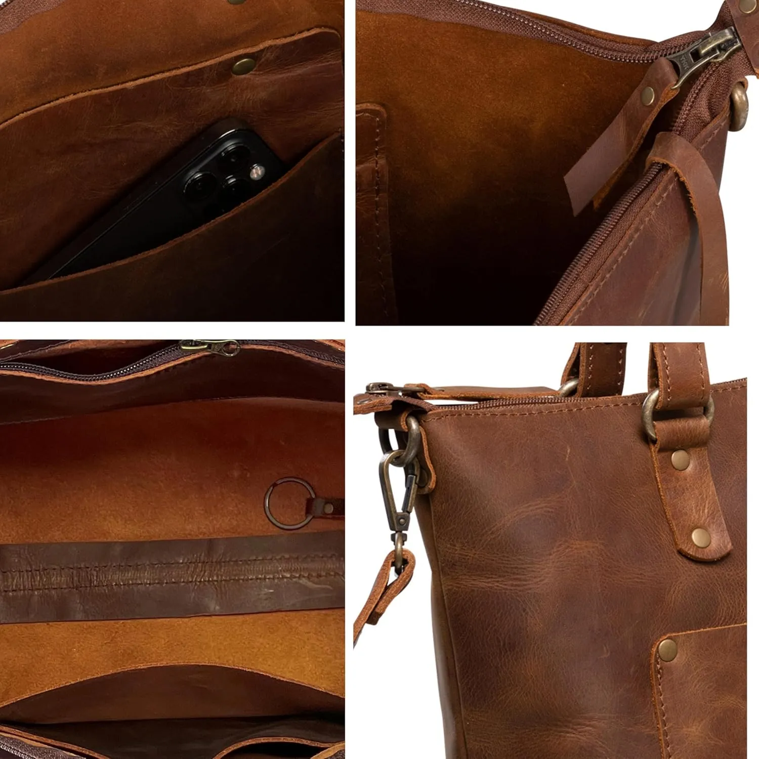 HIDES Crossbody Leather Tote Bag, Handcrafted Travel Companion Premium Full-Grain Leather Zipper Compartment Removable Strap