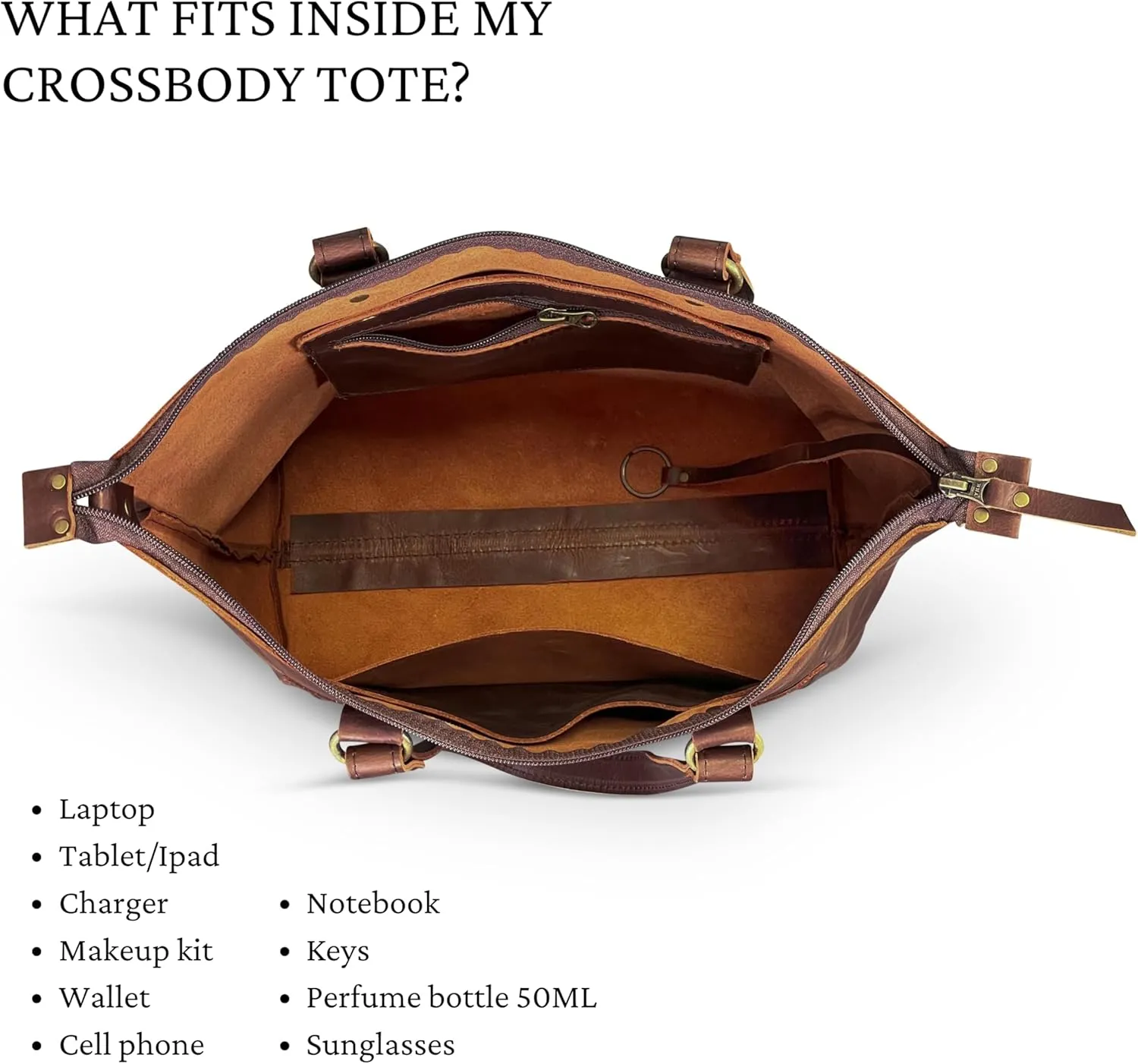 HIDES Crossbody Leather Tote Bag, Handcrafted Travel Companion Premium Full-Grain Leather Zipper Compartment Removable Strap