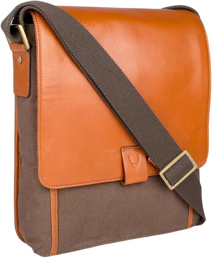 Hidesign Aiden Genuine Leather and Canvas Medium Crossbody Men/Women Shoulder Messenger Bag / Travel Bag / 10.5" iPad Bag, Tan