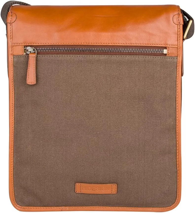 Hidesign Aiden Genuine Leather and Canvas Medium Crossbody Men/Women Shoulder Messenger Bag / Travel Bag / 10.5" iPad Bag, Tan
