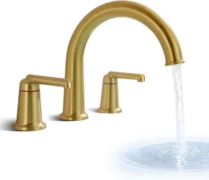 High Flow Roman Tub Faucet with Valve, Widespread Solid Brass 3 Hole Bathtub Faucet, 2 Handle Deck Mount Bath Tub Filler with Supply Water Hoses, Brushed Gold
