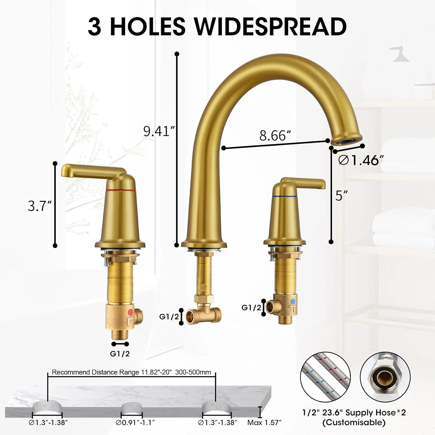 High Flow Roman Tub Faucet with Valve, Widespread Solid Brass 3 Hole Bathtub Faucet, 2 Handle Deck Mount Bath Tub Filler with Supply Water Hoses, Brushed Gold