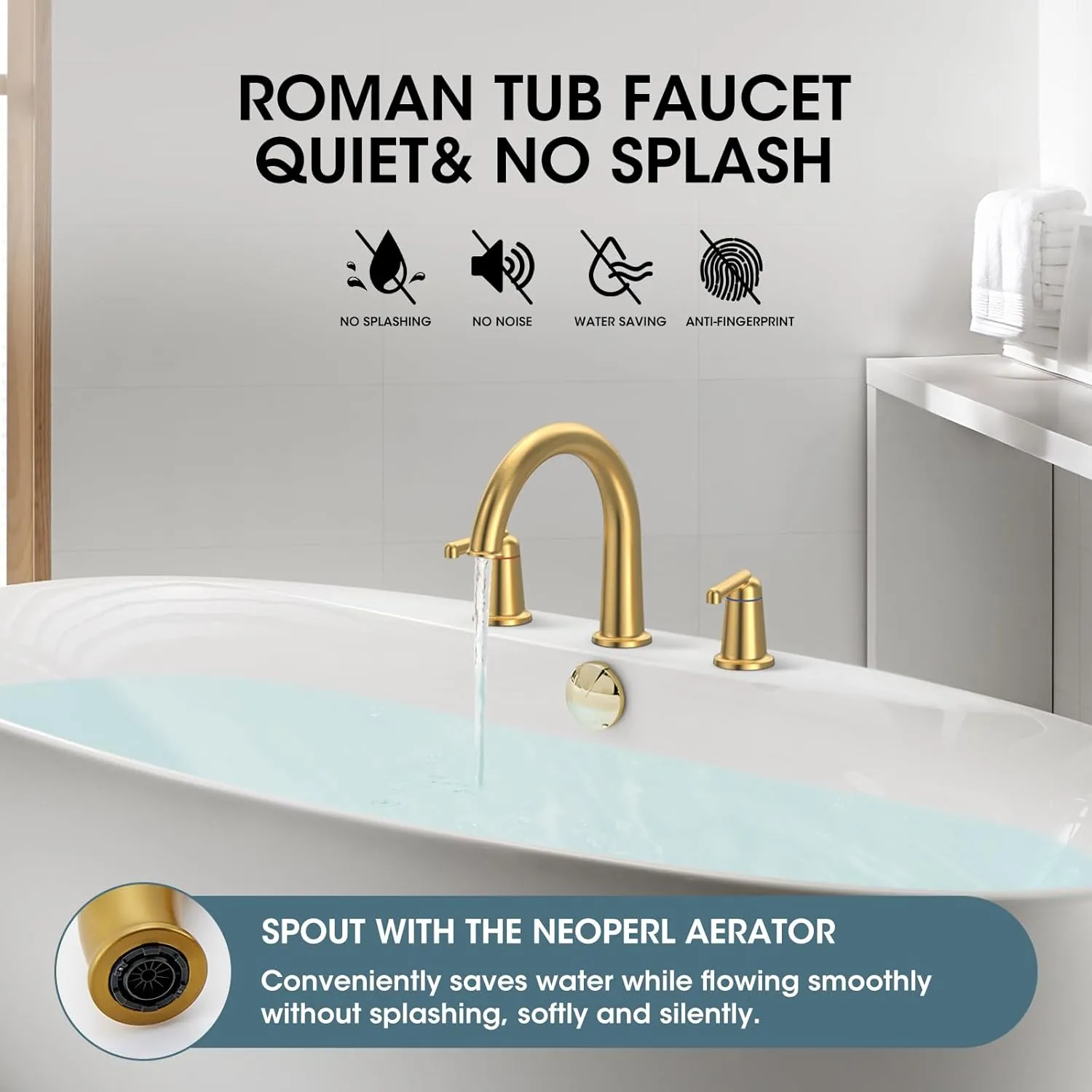High Flow Roman Tub Faucet with Valve, Widespread Solid Brass 3 Hole Bathtub Faucet, 2 Handle Deck Mount Bath Tub Filler with Supply Water Hoses, Brushed Gold