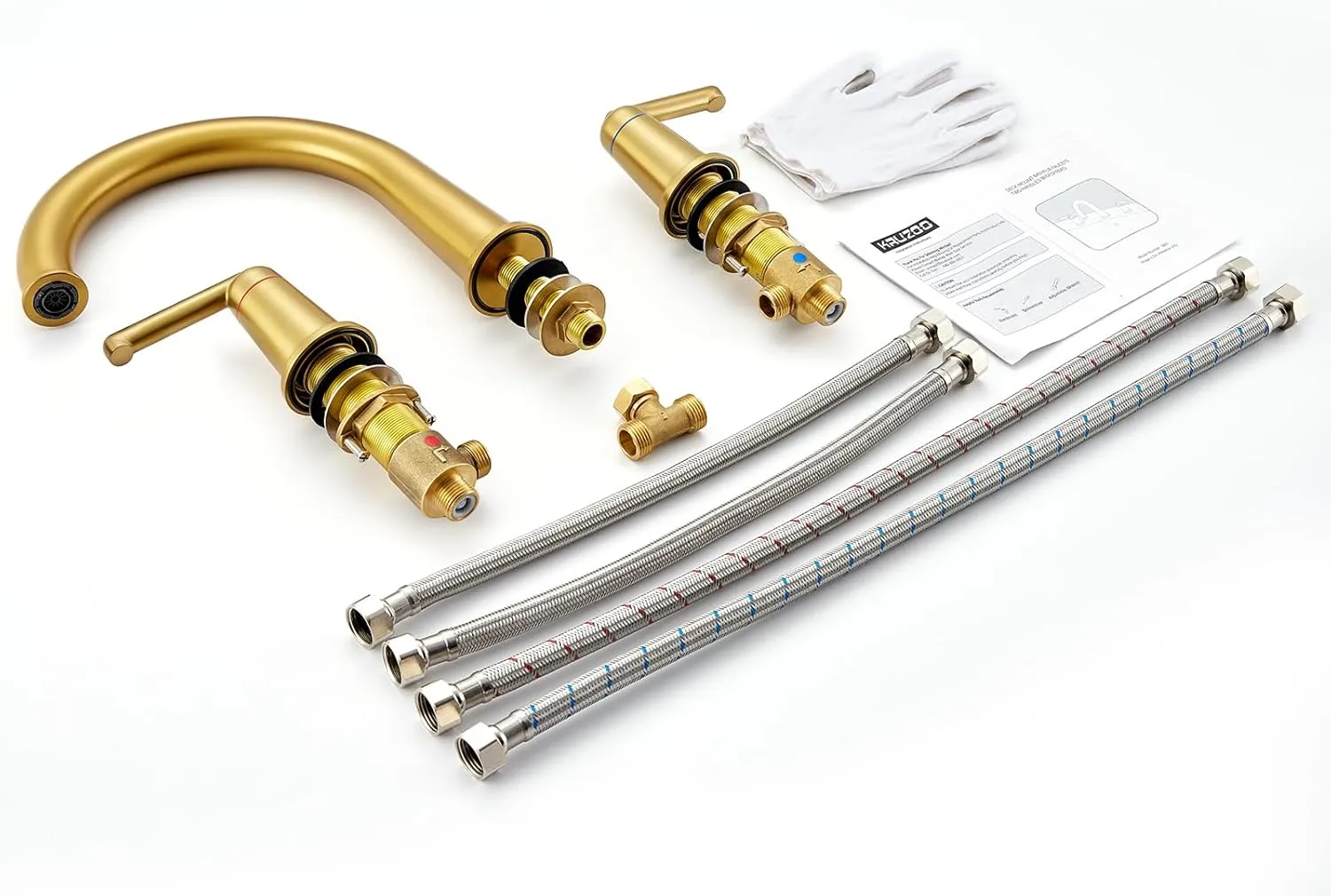 High Flow Roman Tub Faucet with Valve, Widespread Solid Brass 3 Hole Bathtub Faucet, 2 Handle Deck Mount Bath Tub Filler with Supply Water Hoses, Brushed Gold