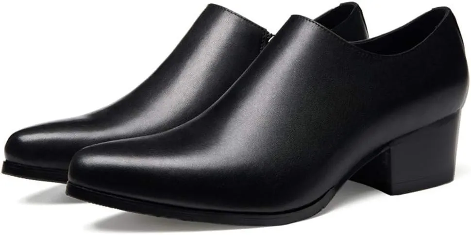 High Heel British Business Formal Shoes for Men OxfordGenuine Leather Zipper Slip On Pointed Toe Low Top