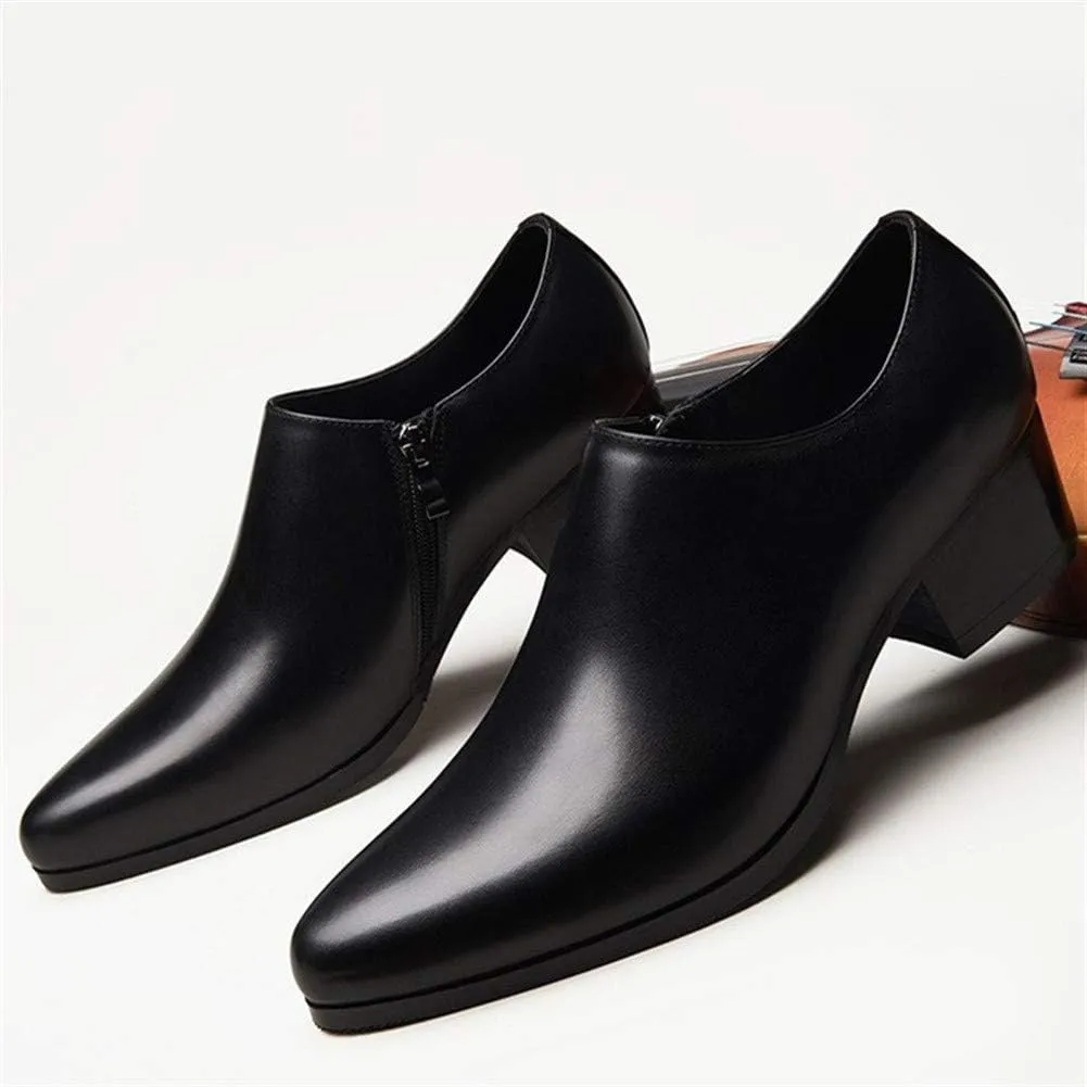High Heel British Business Formal Shoes for Men OxfordGenuine Leather Zipper Slip On Pointed Toe Low Top