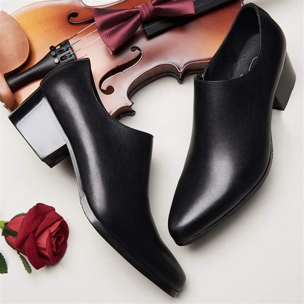 High Heel British Business Formal Shoes for Men OxfordGenuine Leather Zipper Slip On Pointed Toe Low Top