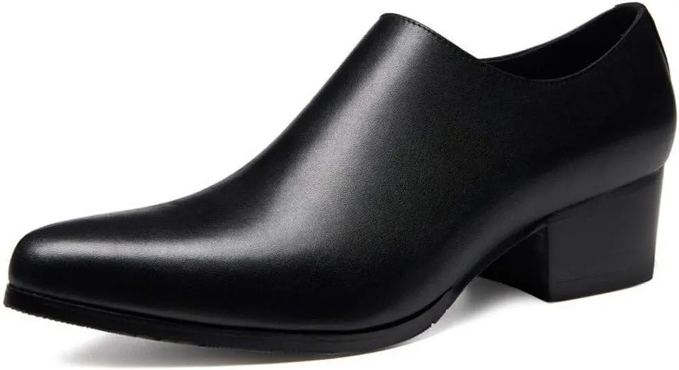 High Heel British Business Formal Shoes for Men OxfordGenuine Leather Zipper Slip On Pointed Toe Low Top