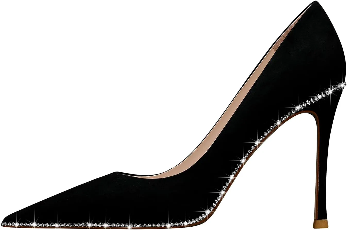 High Heels Business Women Patent Heels Pointed Toe Suede Pumps Women Leather Heels Diamond for Wedding Bridal, 3.74 inch