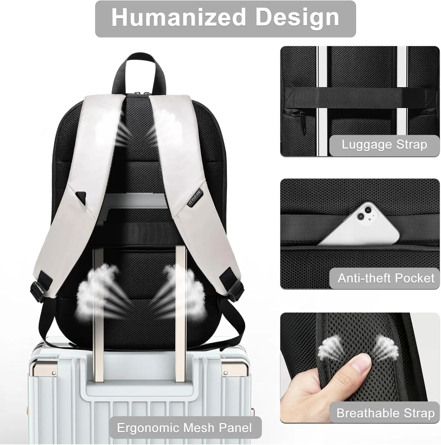 hk Business Backpack for Men 17 Inch,Slim & Expandable Waterproof Travel Laptop Backpack with USB Charger Port (White)