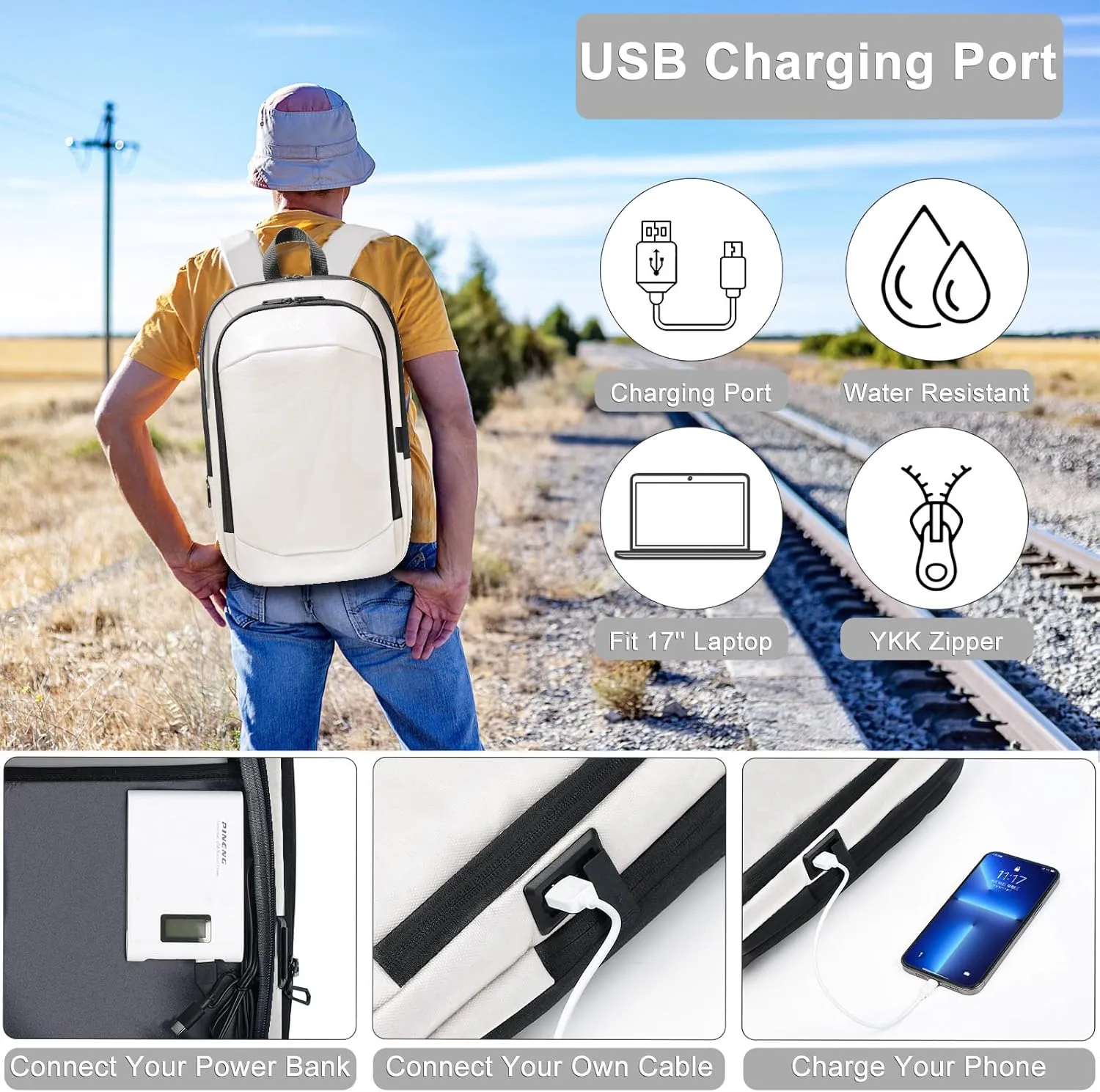 hk Business Backpack for Men 17 Inch,Slim & Expandable Waterproof Travel Laptop Backpack with USB Charger Port (White)