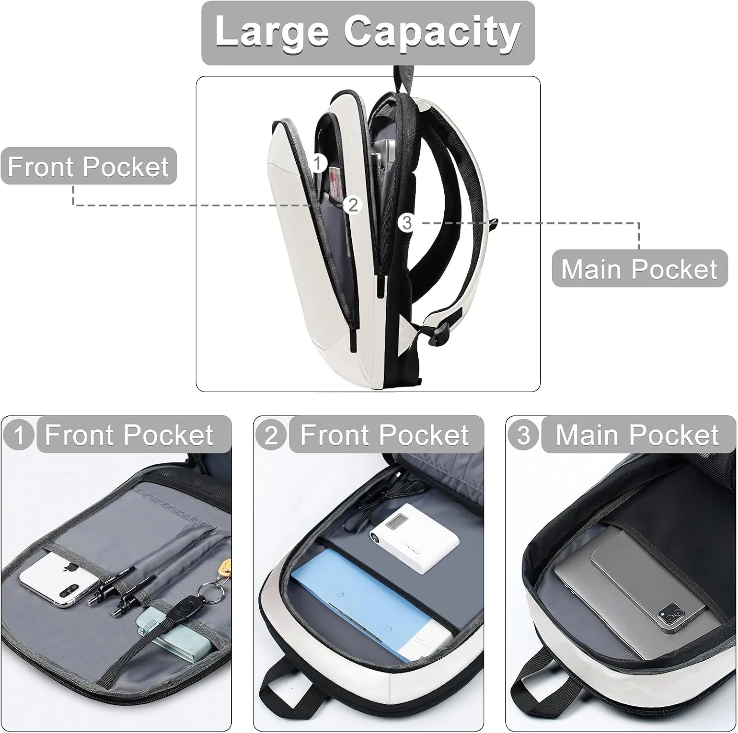 hk Business Backpack for Men 17 Inch,Slim & Expandable Waterproof Travel Laptop Backpack with USB Charger Port (White)
