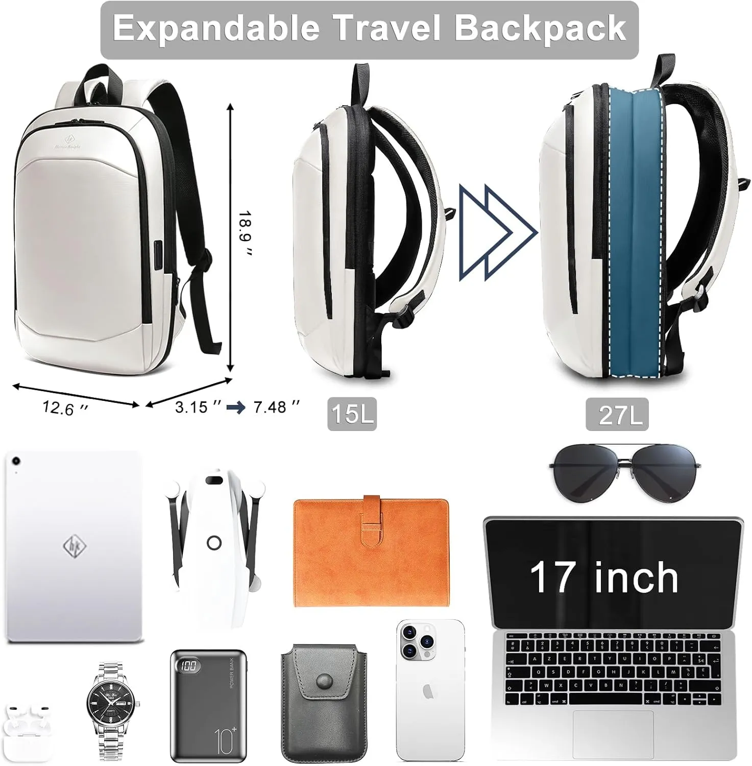 hk Business Backpack for Men 17 Inch,Slim & Expandable Waterproof Travel Laptop Backpack with USB Charger Port (White)