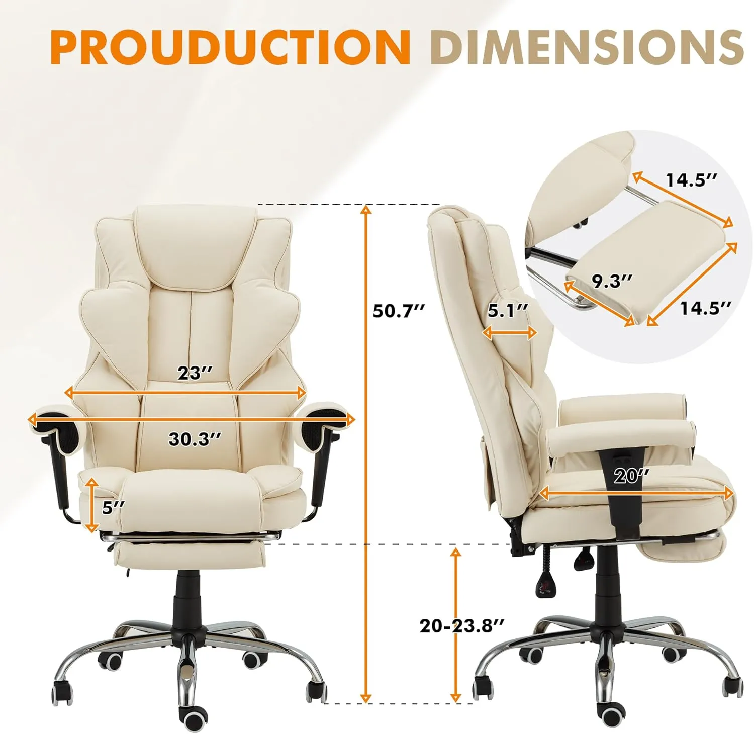 HOMREST 6-Point Massage Executive Chair,Heat Office Chair,Ergonomic Home Office Desk Chairs with Retractable Footrest and Reclining Function,Leather Computer Chair with Adjustable Armrest(‌Off White)