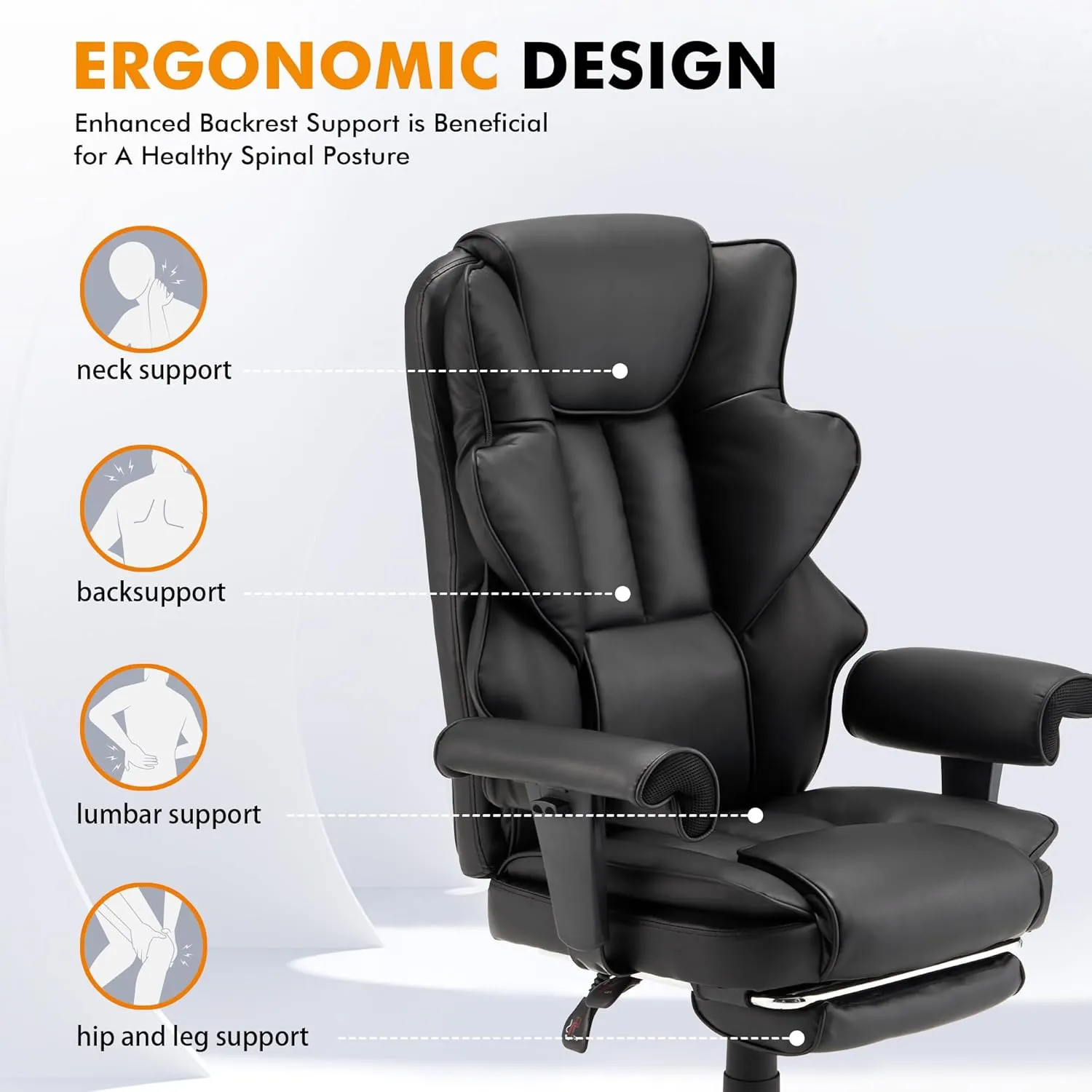 HOMREST 6-Point Massage Office Chair,Heating Executive Chairs,Ergonomic Home Office Desk Chairs with Retractable Footrest and Reclining Function,Leather Computer Chair with Adjustable Armrest(Black)