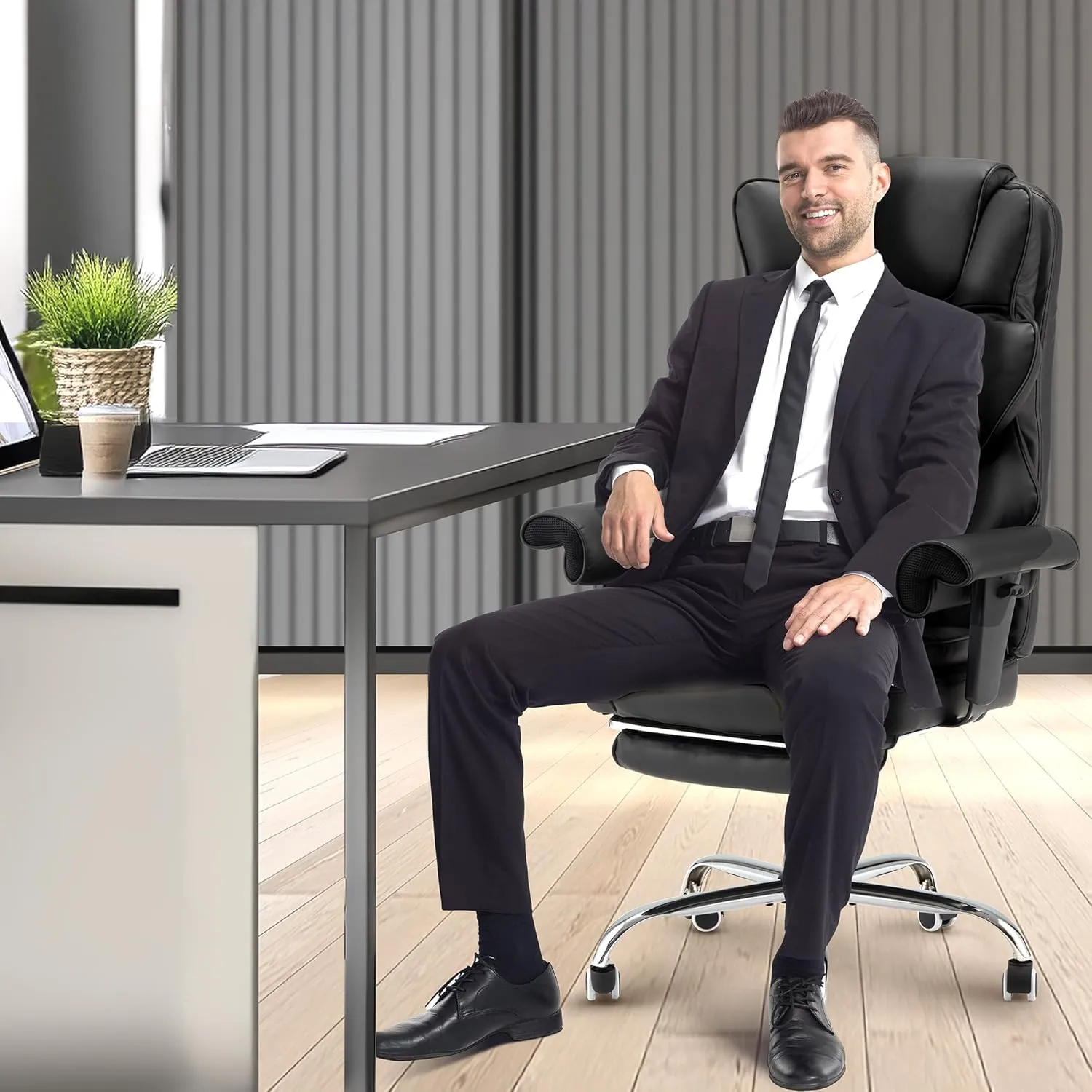 HOMREST 6-Point Massage Office Chair,Heating Executive Chairs,Ergonomic Home Office Desk Chairs with Retractable Footrest and Reclining Function,Leather Computer Chair with Adjustable Armrest(Black)