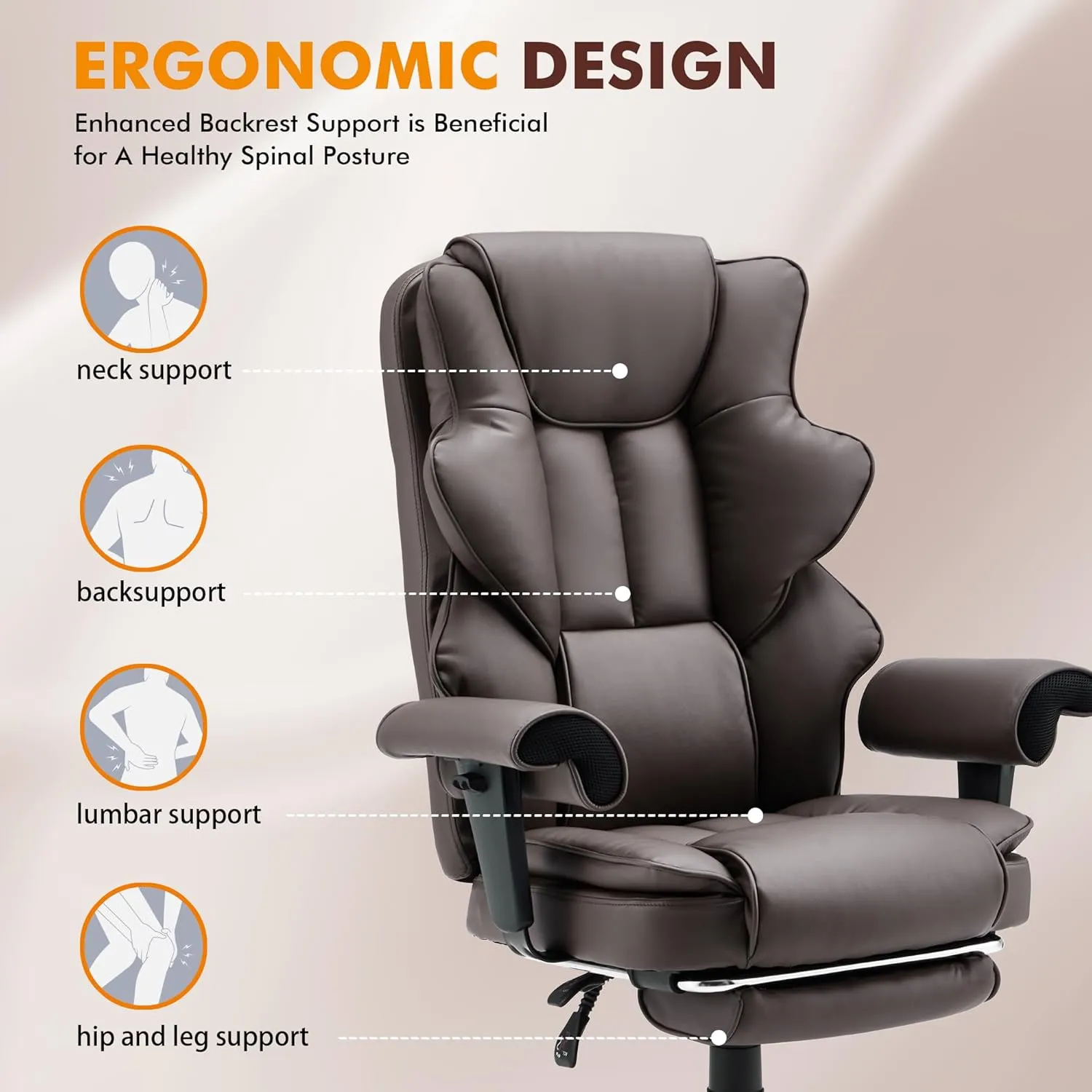 HOMREST 6-Point Massage Office Chair,Heating Executive Chairs,Ergonomic Home Office Desk Chairs with Retractable Footrest and Reclining Function,Leather Computer Chair with Adjustable Armrest(Brown)