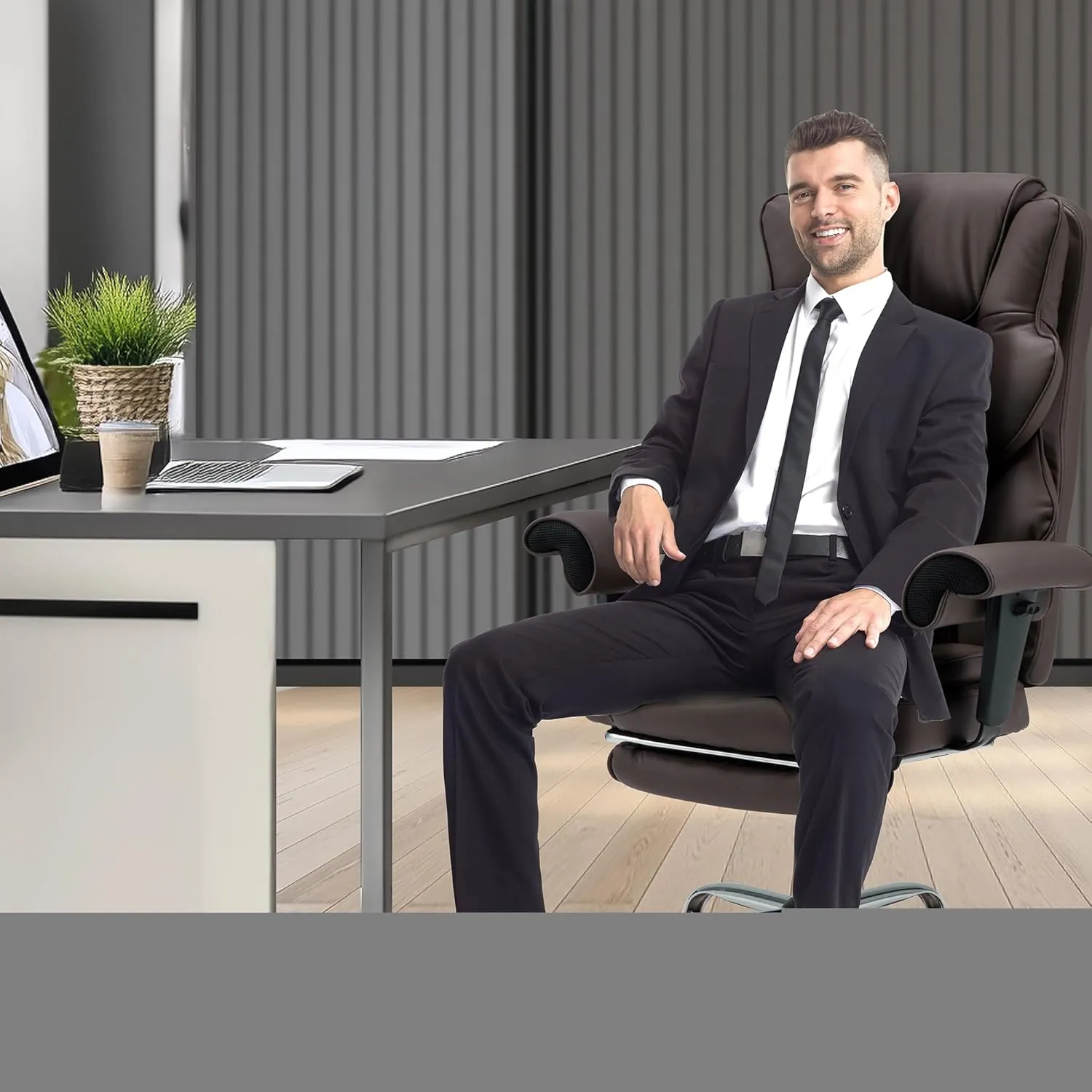 HOMREST 6-Point Massage Office Chair,Heating Executive Chairs,Ergonomic Home Office Desk Chairs with Retractable Footrest and Reclining Function,Leather Computer Chair with Adjustable Armrest(Brown)