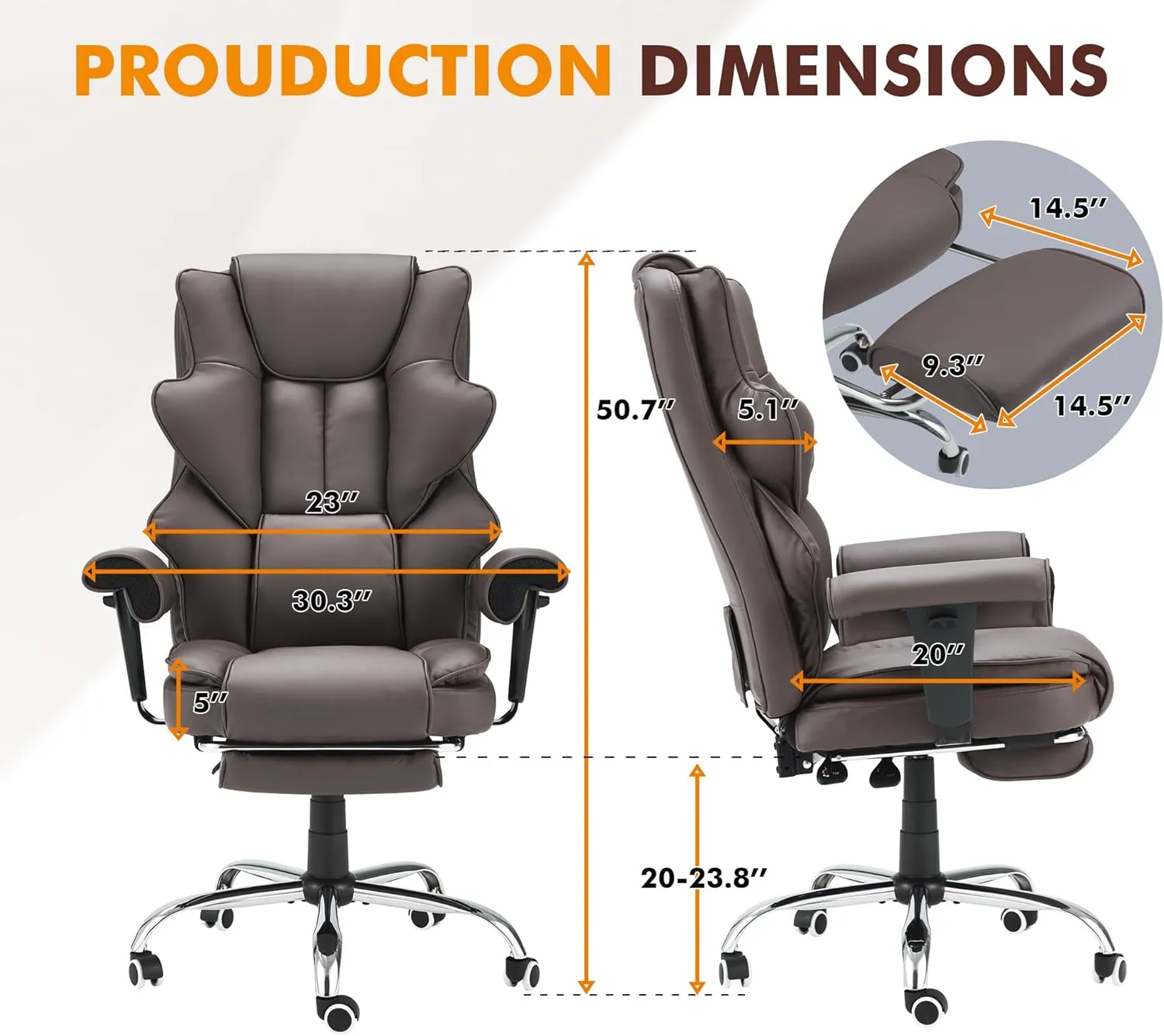 HOMREST 6-Point Massage Office Chair,Heating Executive Chairs,Ergonomic Home Office Desk Chairs with Retractable Footrest and Reclining Function,Leather Computer Chair with Adjustable Armrest(Brown)