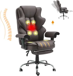 HOMREST 6-Point Massage Office Chair,Heating Executive Chairs,Ergonomic Home Office Desk Chairs with Retractable Footrest and Reclining Function,Leather Computer Chair with Adjustable Armrest(Brown)