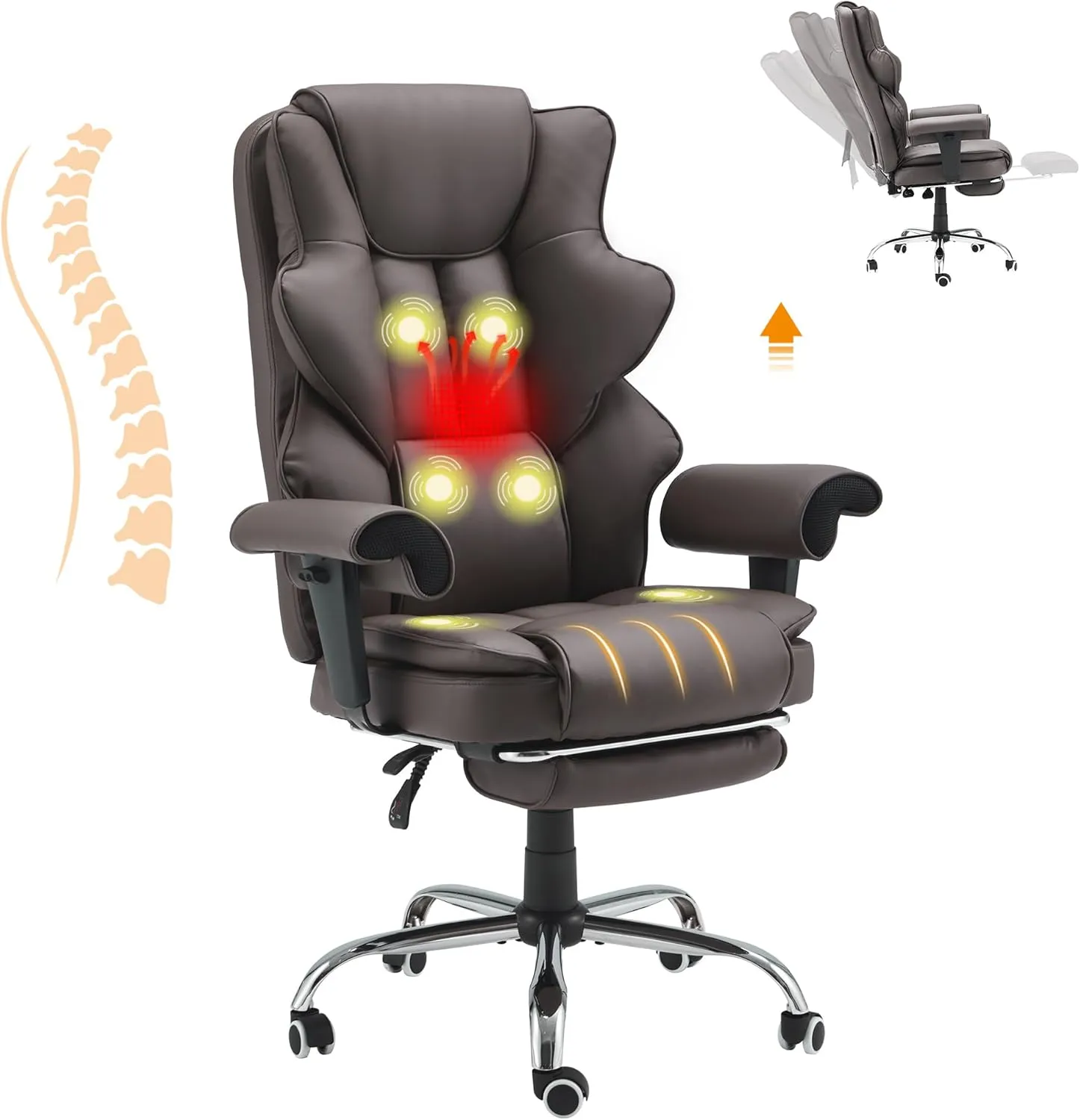 HOMREST 6-Point Massage Office Chair,Heating Executive Chairs,Ergonomic Home Office Desk Chairs with Retractable Footrest and Reclining Function,Leather Computer Chair with Adjustable Armrest(Brown)