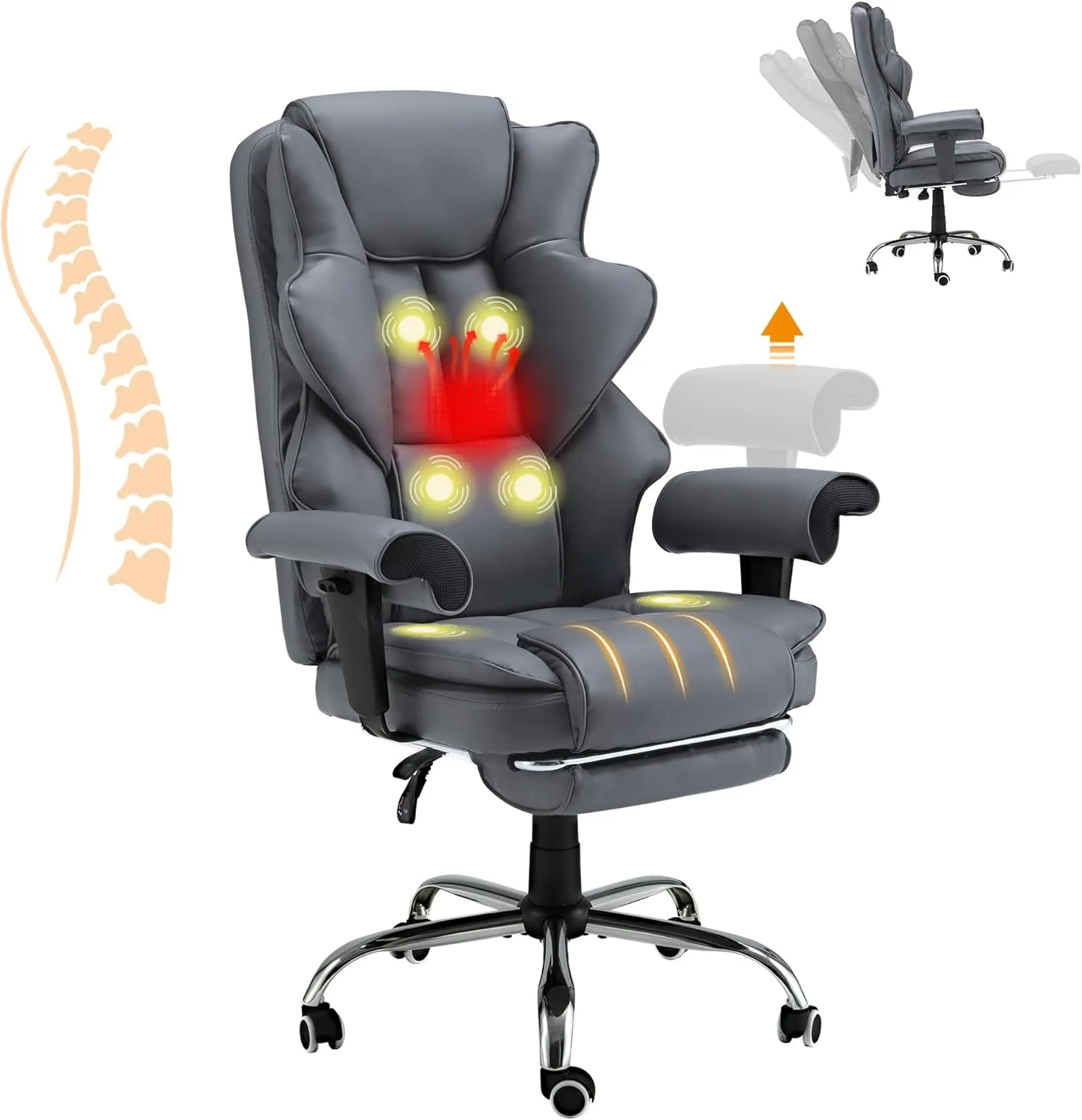 HOMREST 6-Point Massage Office Chair,Heating Executive Chairs,Ergonomic Home Office Desk Chairs with Retractable Footrest and Reclining Function,Leather Computer Chair with Adjustable Armrest(Gray)