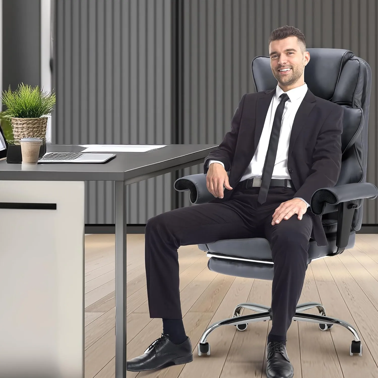 HOMREST 6-Point Massage Office Chair,Heating Executive Chairs,Ergonomic Home Office Desk Chairs with Retractable Footrest and Reclining Function,Leather Computer Chair with Adjustable Armrest(Gray)