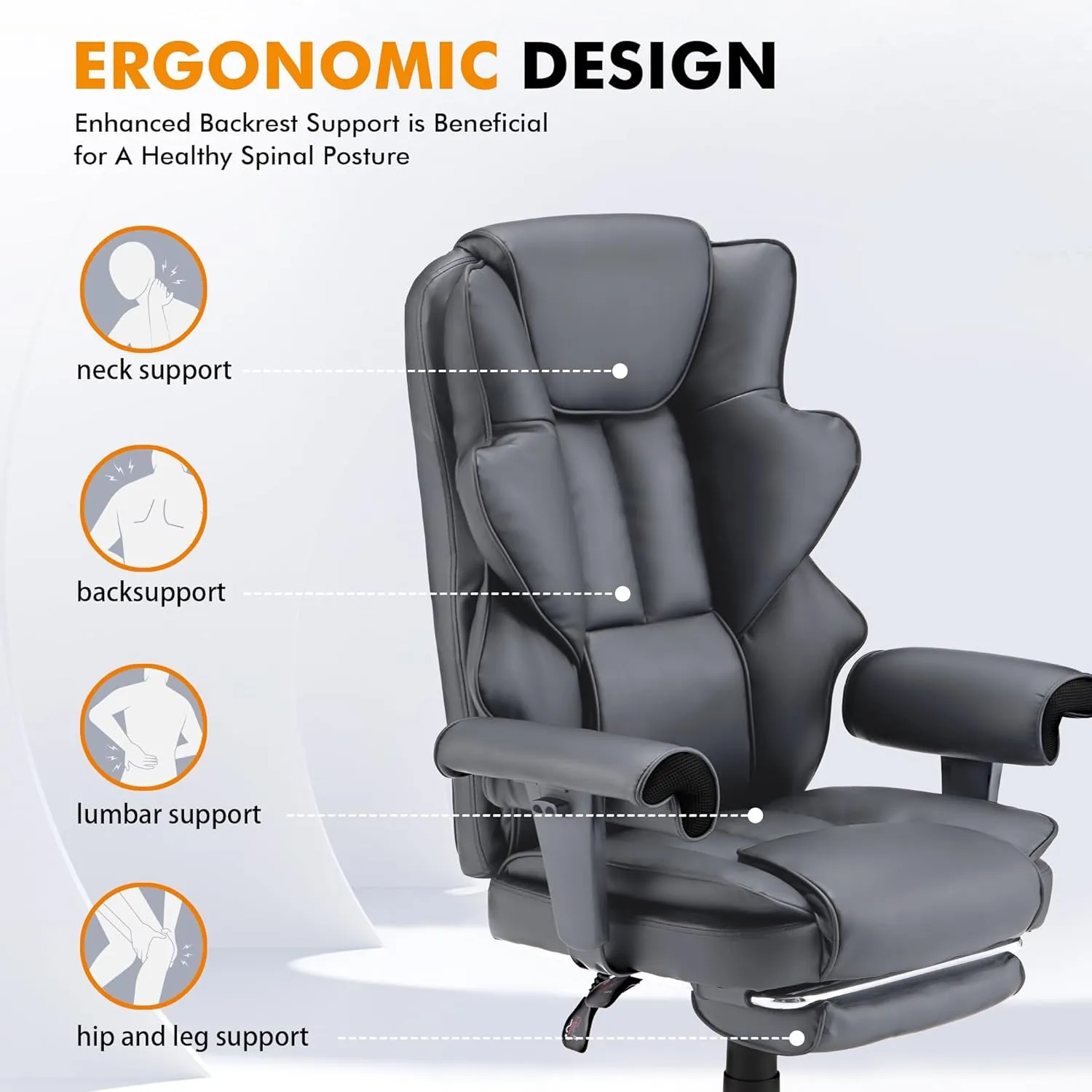 HOMREST 6-Point Massage Office Chair,Heating Executive Chairs,Ergonomic Home Office Desk Chairs with Retractable Footrest and Reclining Function,Leather Computer Chair with Adjustable Armrest(Gray)