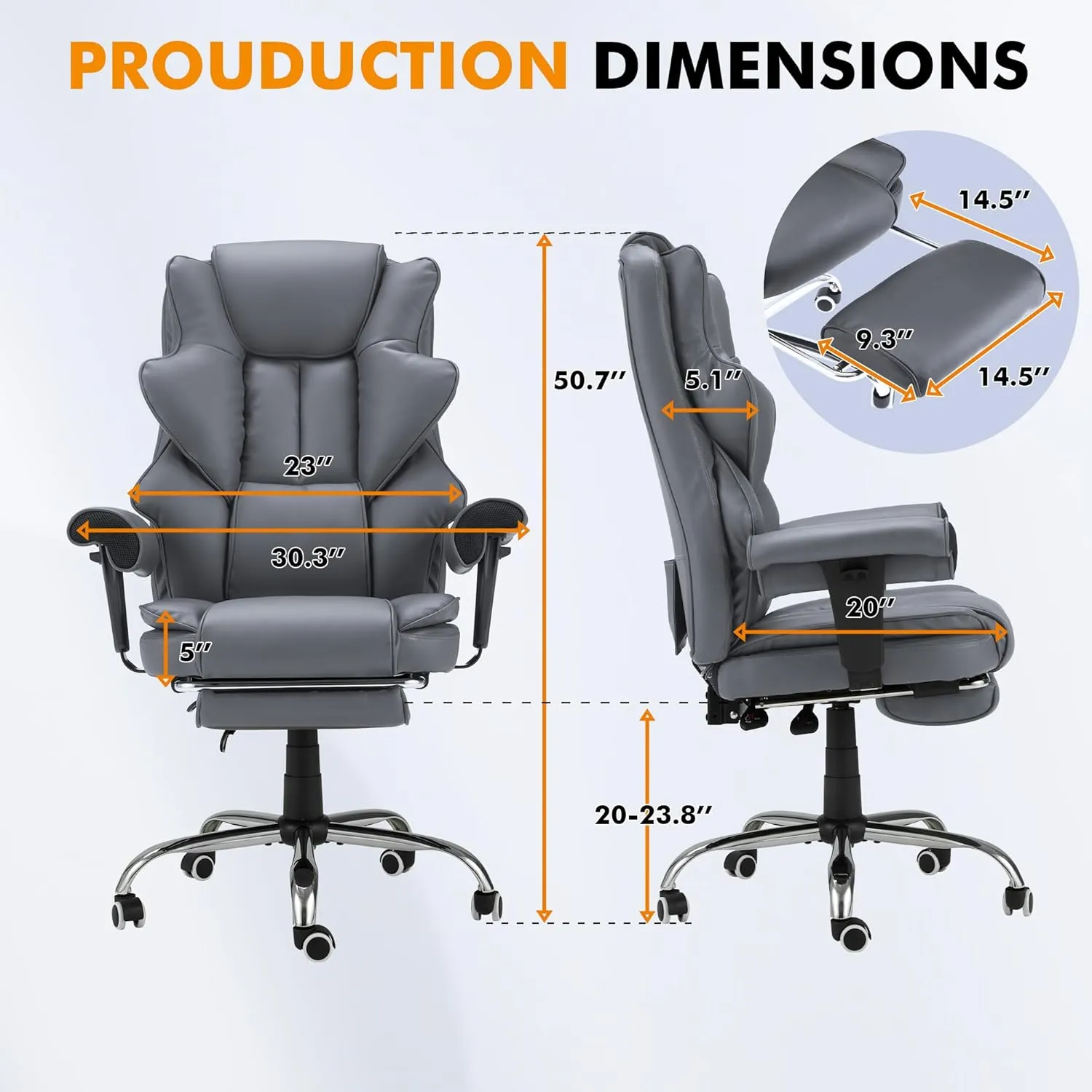 HOMREST 6-Point Massage Office Chair,Heating Executive Chairs,Ergonomic Home Office Desk Chairs with Retractable Footrest and Reclining Function,Leather Computer Chair with Adjustable Armrest(Gray)