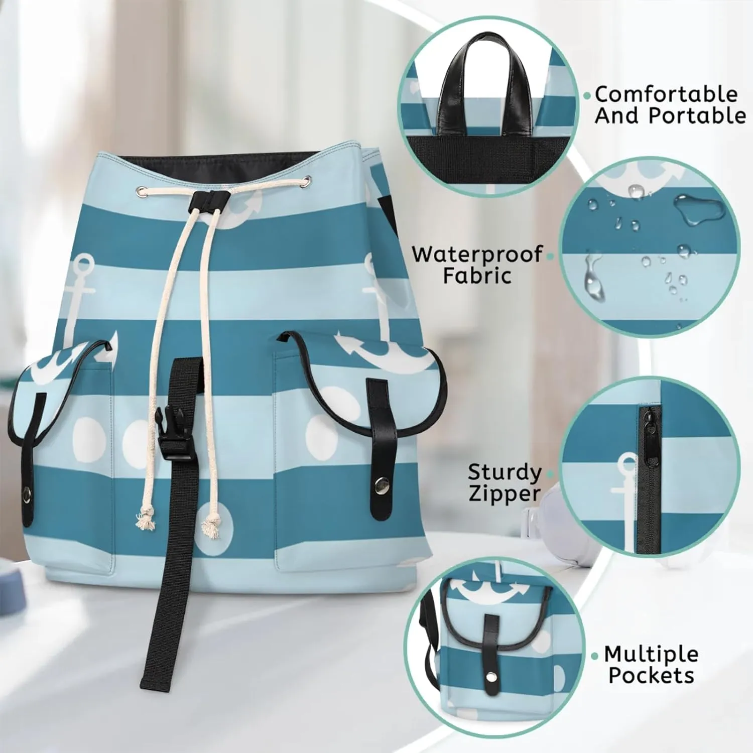 Honeybaby Vintage Waterproof Laptop Backpack for Men/Women Travel Essentials Backpack Expandable Carry On Bag with Anti-Theft Compartment Fits 15" Notebook Anchors Stripes