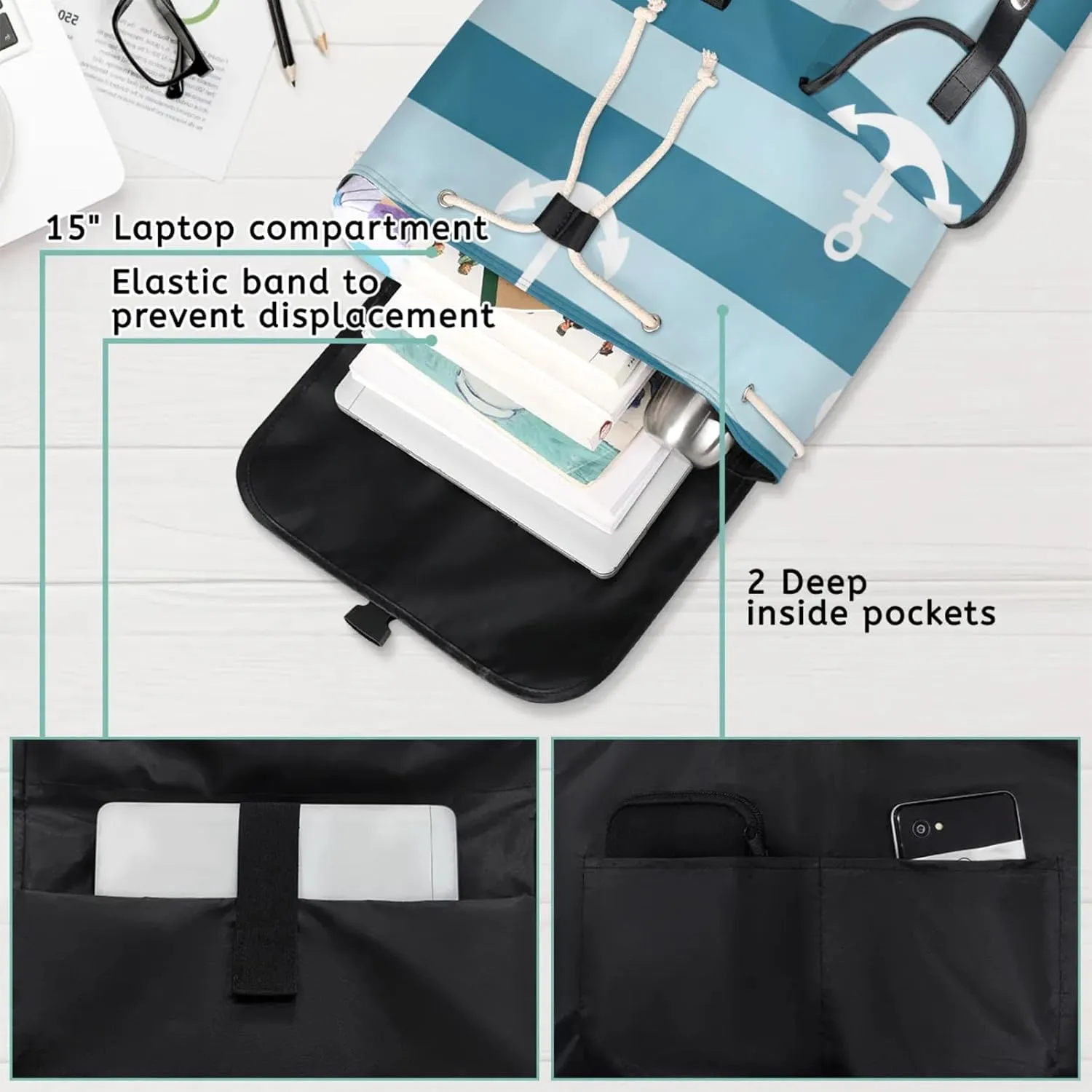 Honeybaby Vintage Waterproof Laptop Backpack for Men/Women Travel Essentials Backpack Expandable Carry On Bag with Anti-Theft Compartment Fits 15" Notebook Anchors Stripes