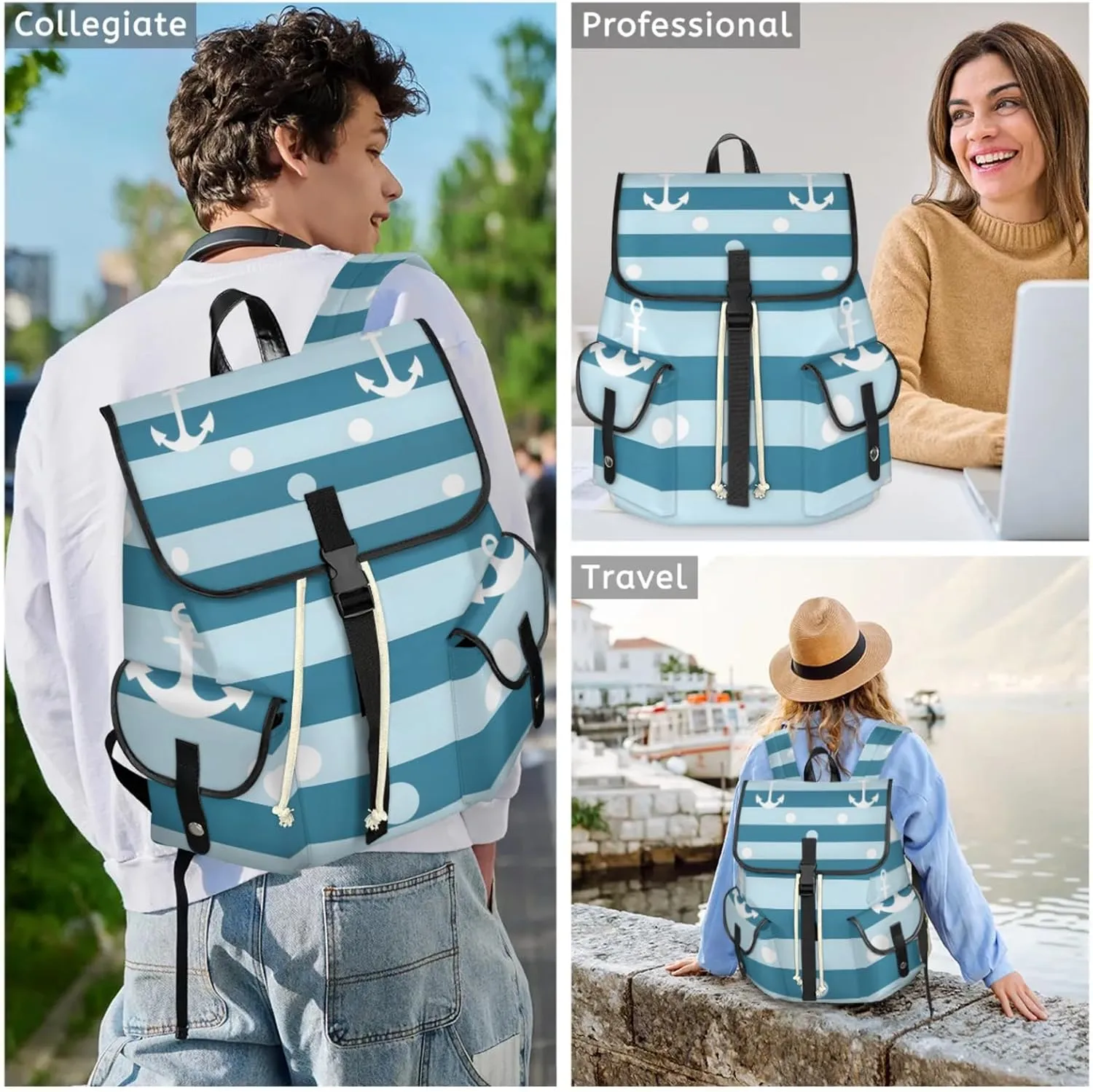 Honeybaby Vintage Waterproof Laptop Backpack for Men/Women Travel Essentials Backpack Expandable Carry On Bag with Anti-Theft Compartment Fits 15" Notebook Anchors Stripes