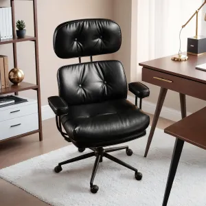 HOOOWOOO Ergonomic Office Chair,Mid Century Modern Computer Desk Chair,Comfy Executive Chair with Extra Wide Tufted Cloudy Seat Lumbar Support High Reclining Back,PU Leather Black