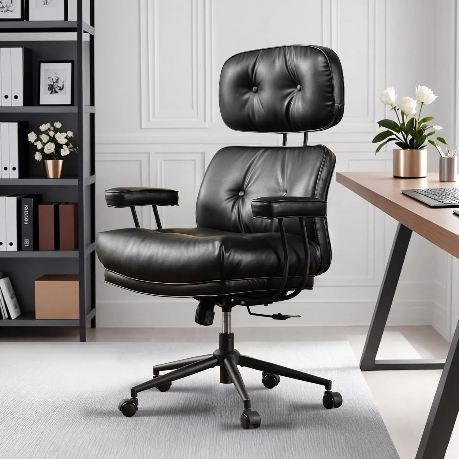 HOOOWOOO Ergonomic Office Chair,Mid Century Modern Computer Desk Chair,Comfy Executive Chair with Extra Wide Tufted Cloudy Seat Lumbar Support High Reclining Back,PU Leather Black