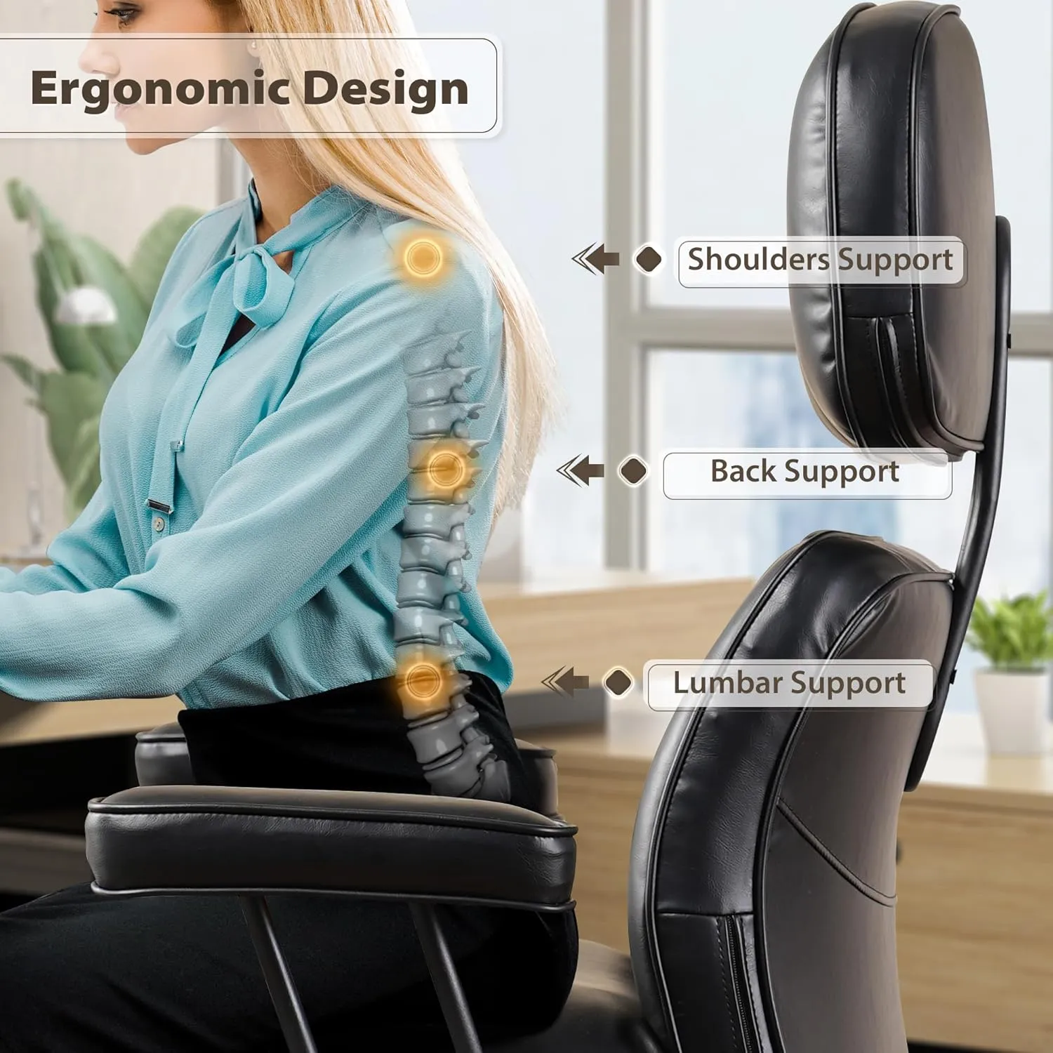 HOOOWOOO Ergonomic Office Chair,Mid Century Modern Computer Desk Chair,Comfy Executive Chair with Extra Wide Tufted Cloudy Seat Lumbar Support High Reclining Back,PU Leather Black