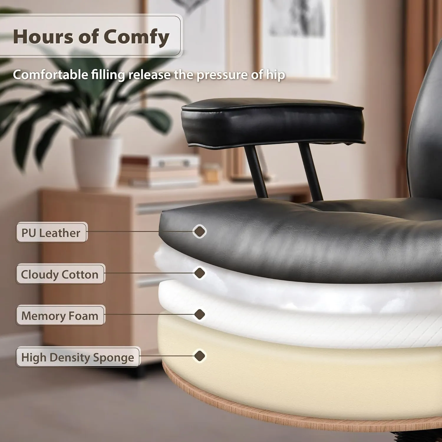 HOOOWOOO Ergonomic Office Chair,Mid Century Modern Computer Desk Chair,Comfy Executive Chair with Extra Wide Tufted Cloudy Seat Lumbar Support High Reclining Back,PU Leather Black