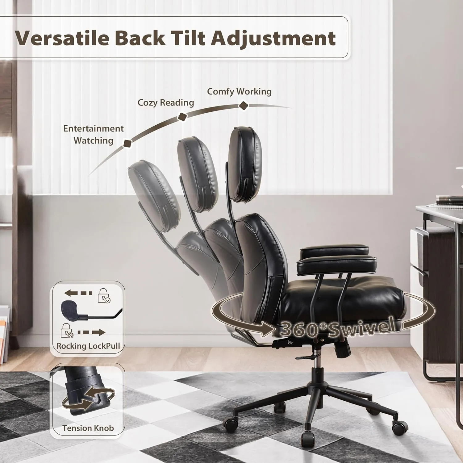 HOOOWOOO Ergonomic Office Chair,Mid Century Modern Computer Desk Chair,Comfy Executive Chair with Extra Wide Tufted Cloudy Seat Lumbar Support High Reclining Back,PU Leather Black