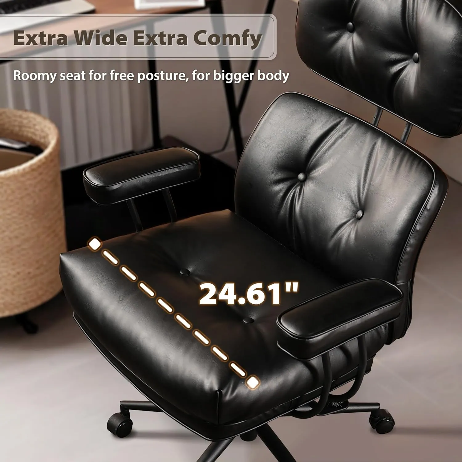 HOOOWOOO Ergonomic Office Chair,Mid Century Modern Computer Desk Chair,Comfy Executive Chair with Extra Wide Tufted Cloudy Seat Lumbar Support High Reclining Back,PU Leather Black