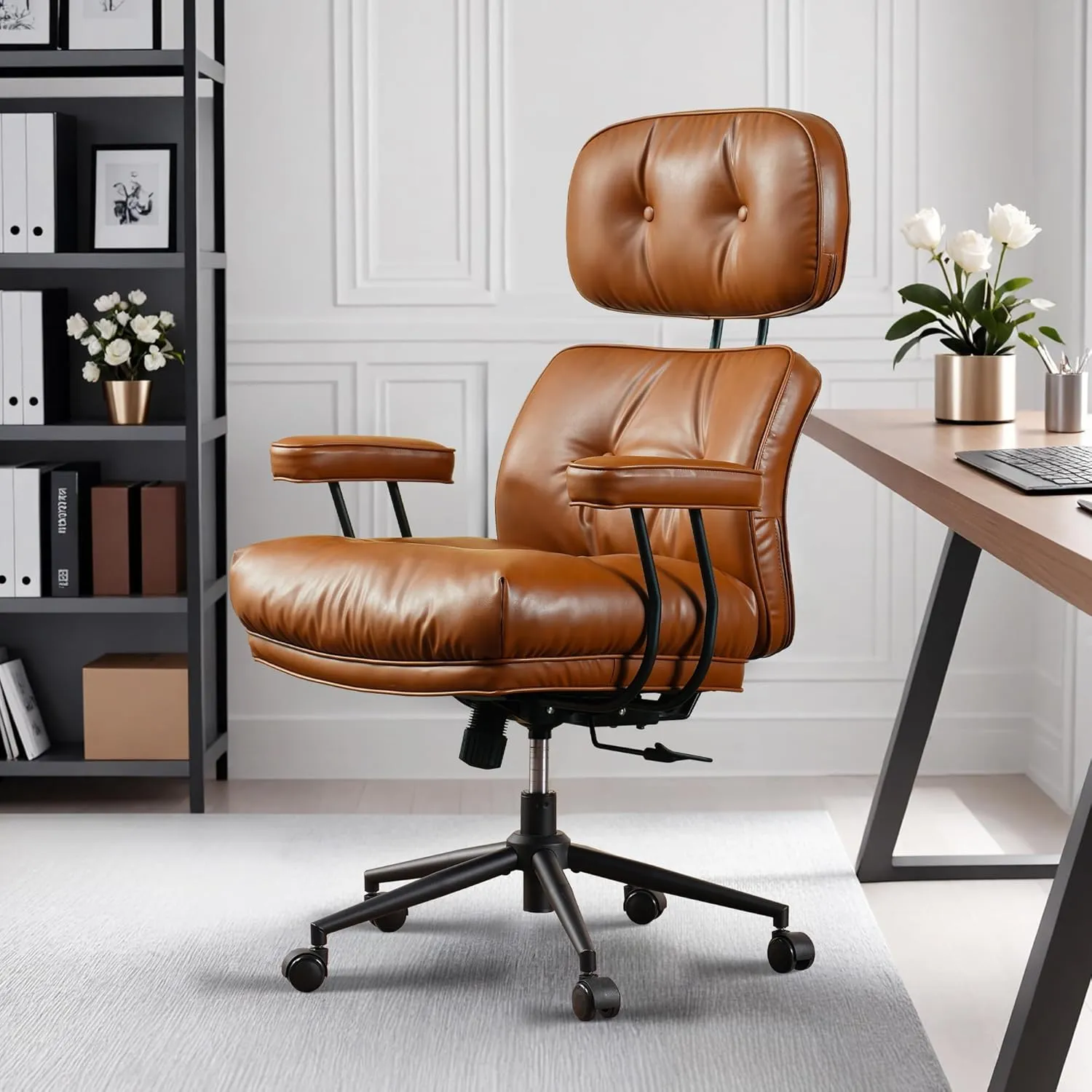 HOOOWOOO Ergonomic Office Chair,Mid Century Modern Computer Desk Chair,Comfy Executive Chair with Extra Wide Tufted Cloudy Seat Lumbar Support High Reclining Back,PU Leather Light Brown