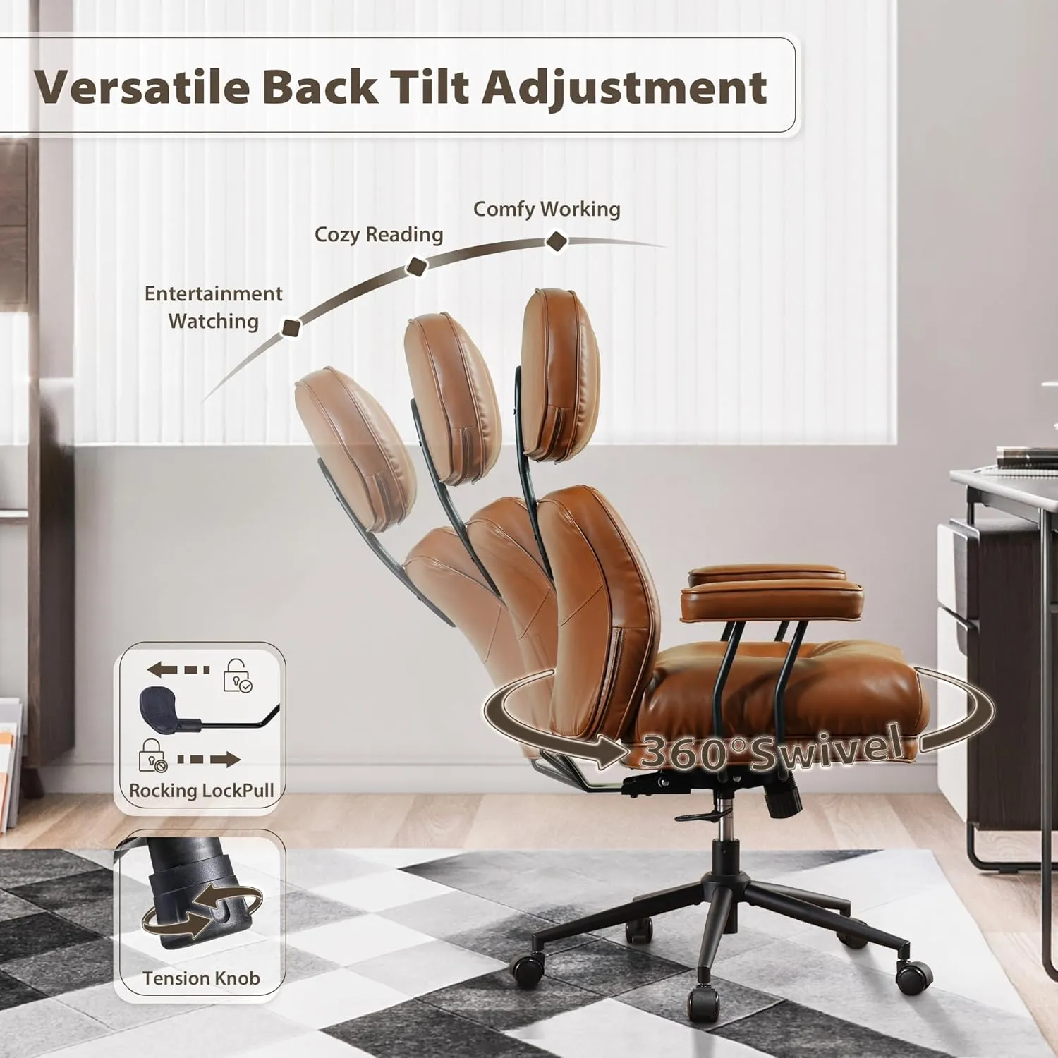 HOOOWOOO Ergonomic Office Chair,Mid Century Modern Computer Desk Chair,Comfy Executive Chair with Extra Wide Tufted Cloudy Seat Lumbar Support High Reclining Back,PU Leather Light Brown