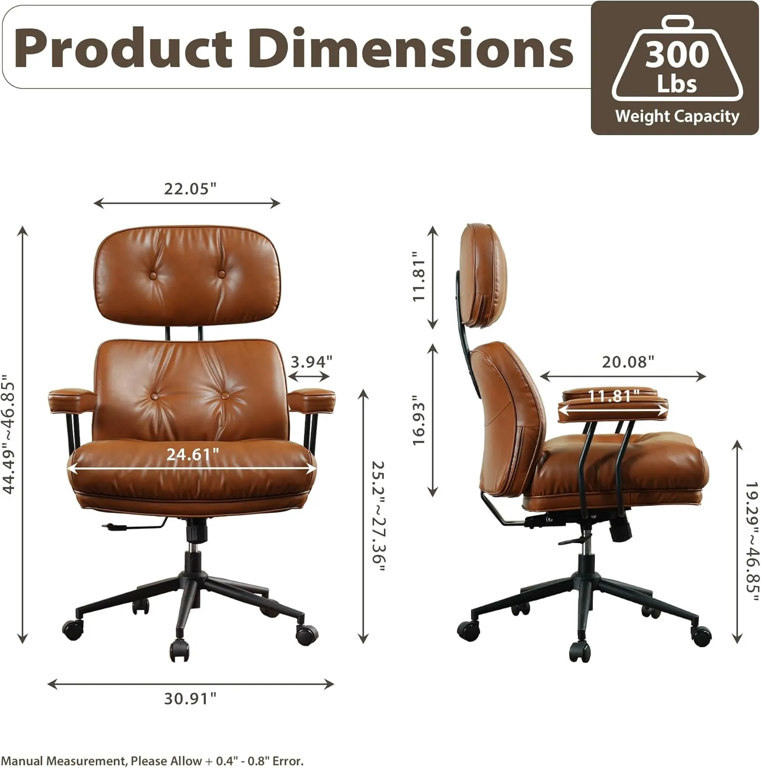 HOOOWOOO Ergonomic Office Chair,Mid Century Modern Computer Desk Chair,Comfy Executive Chair with Extra Wide Tufted Cloudy Seat Lumbar Support High Reclining Back,PU Leather Light Brown