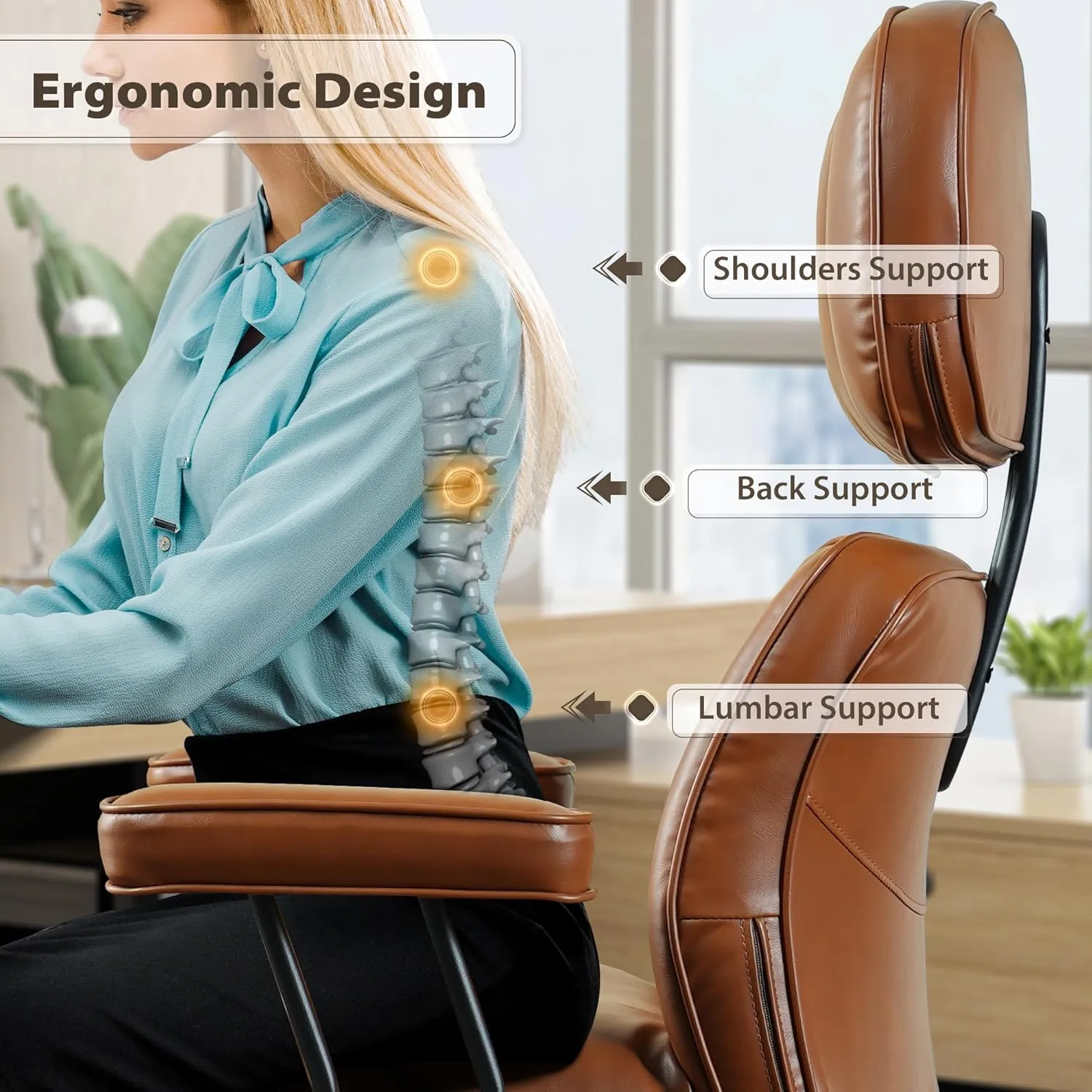 HOOOWOOO Ergonomic Office Chair,Mid Century Modern Computer Desk Chair,Comfy Executive Chair with Extra Wide Tufted Cloudy Seat Lumbar Support High Reclining Back,PU Leather Light Brown