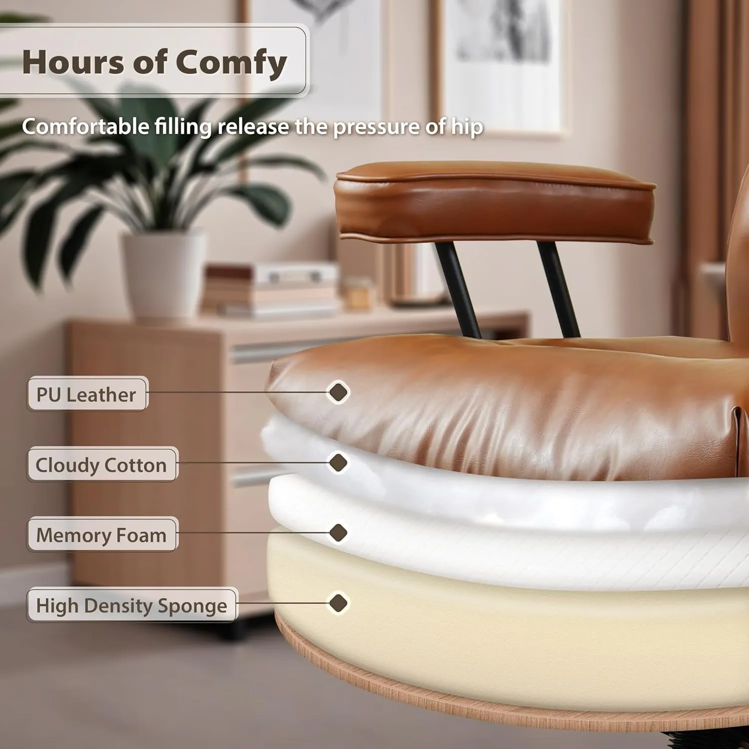 HOOOWOOO Ergonomic Office Chair,Mid Century Modern Computer Desk Chair,Comfy Executive Chair with Extra Wide Tufted Cloudy Seat Lumbar Support High Reclining Back,PU Leather Light Brown