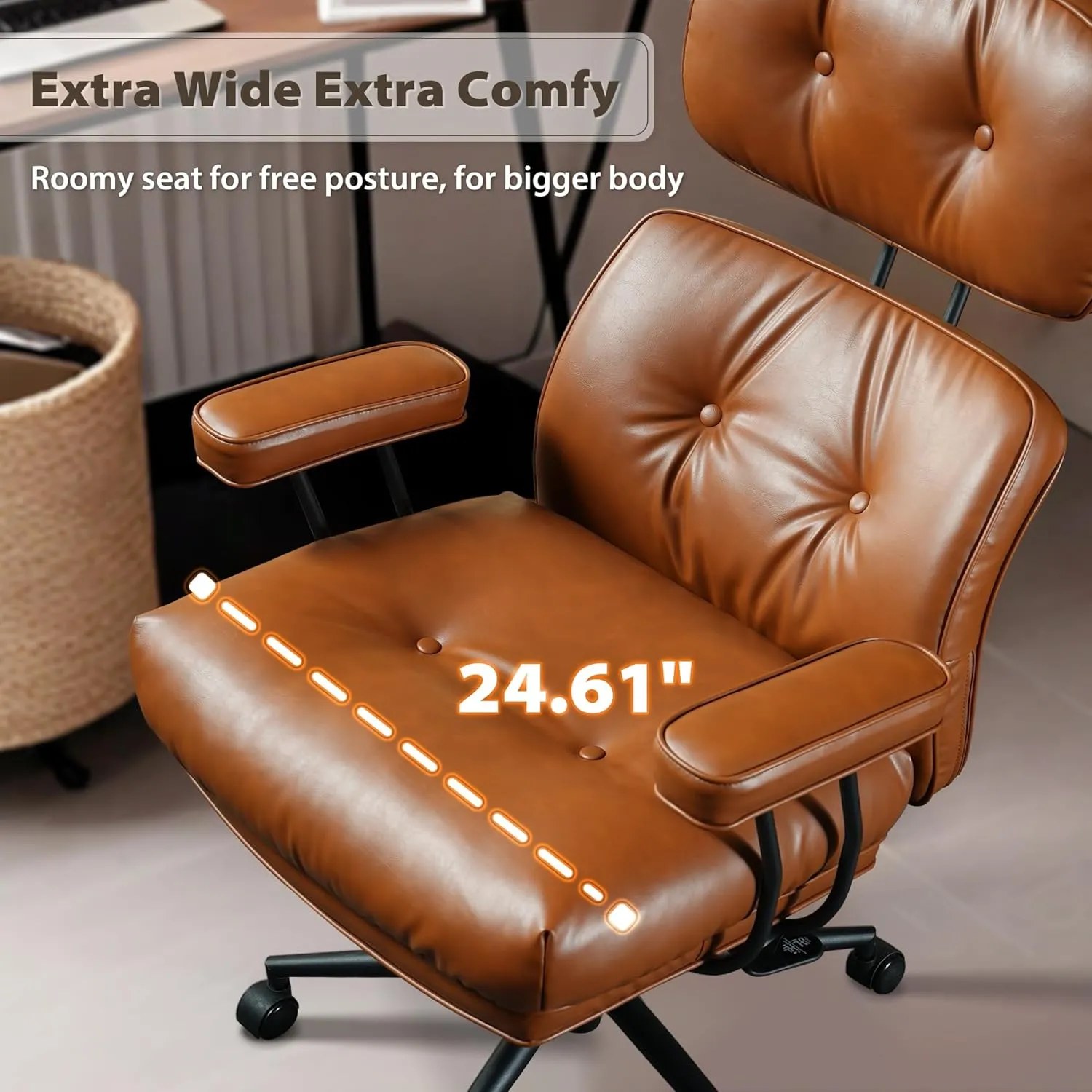 HOOOWOOO Ergonomic Office Chair,Mid Century Modern Computer Desk Chair,Comfy Executive Chair with Extra Wide Tufted Cloudy Seat Lumbar Support High Reclining Back,PU Leather Light Brown