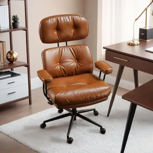 HOOOWOOO Ergonomic Office Chair,Mid Century Modern Computer Desk Chair,Comfy Executive Chair with Extra Wide Tufted Cloudy Seat Lumbar Support High Reclining Back,PU Leather Light Brown